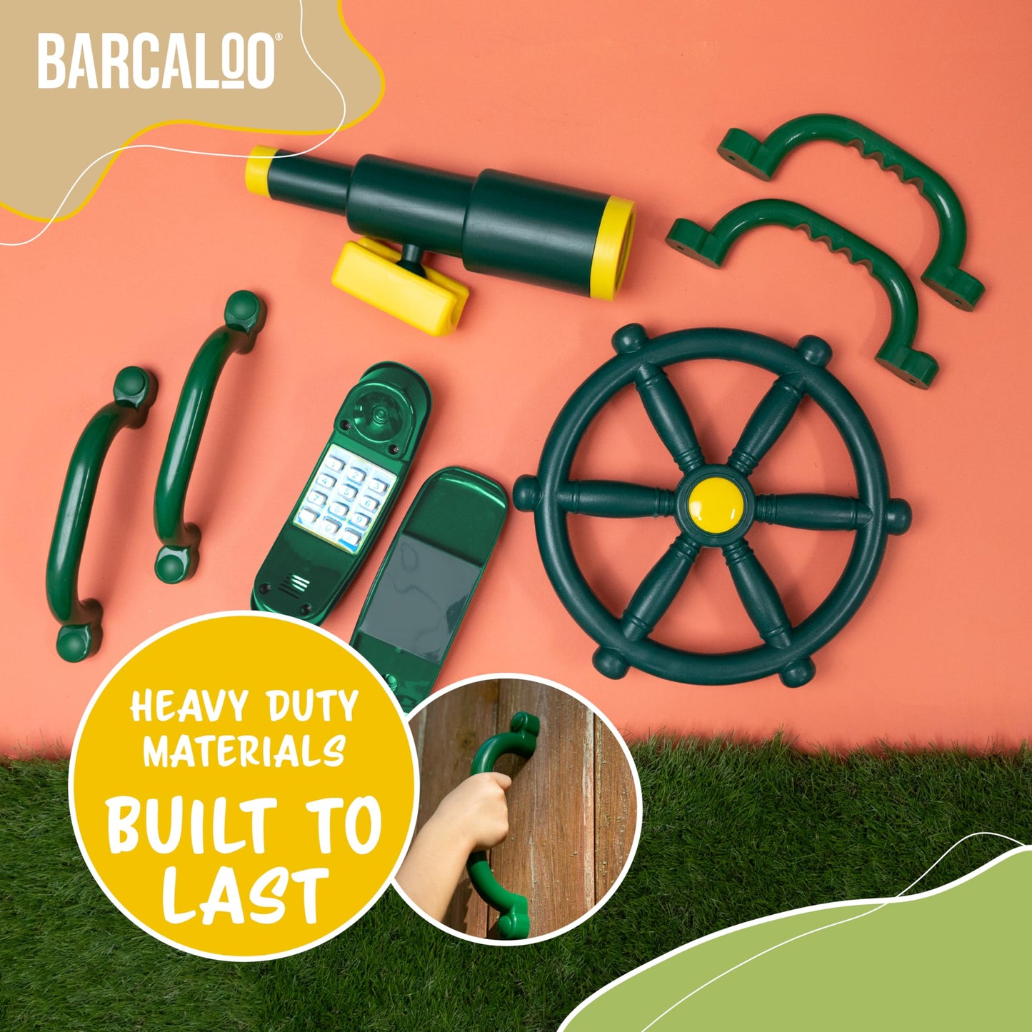 Barcaloo 7-Piece Outdoor Playground Accessories – Pirate Telescope, Playhouse Wheel, Green Safety Handles & Phone Attachments