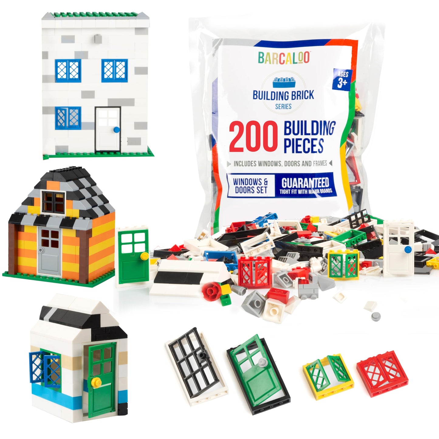 Barcaloo 200-Piece Windows, Doors & Roof Tops Play Set | 7 Classic Colors