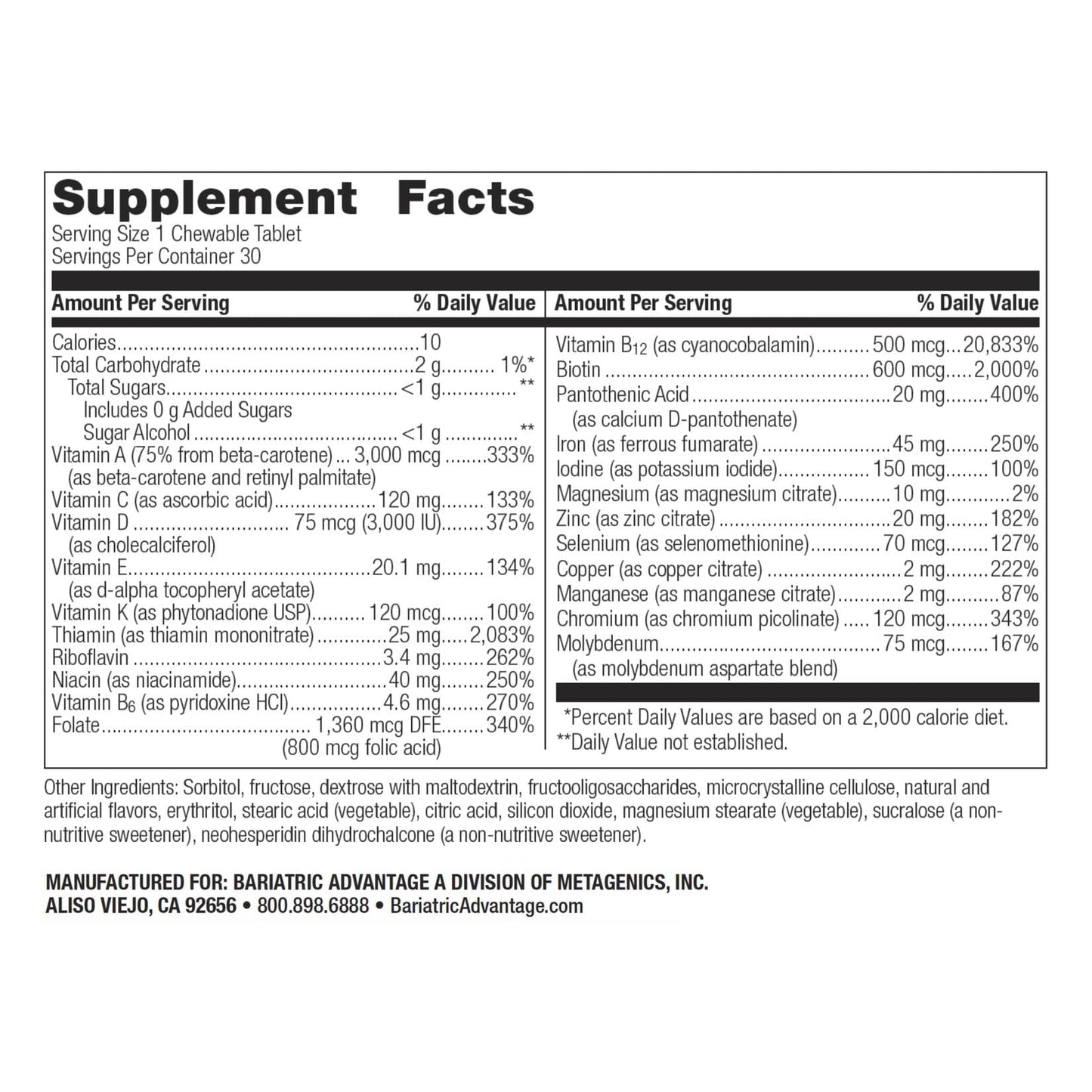 Bariatric Advantage Chewable Ultra Solo with Iron – One Daily Multivitamin (30 Tablets) – Gluten Free Citrus