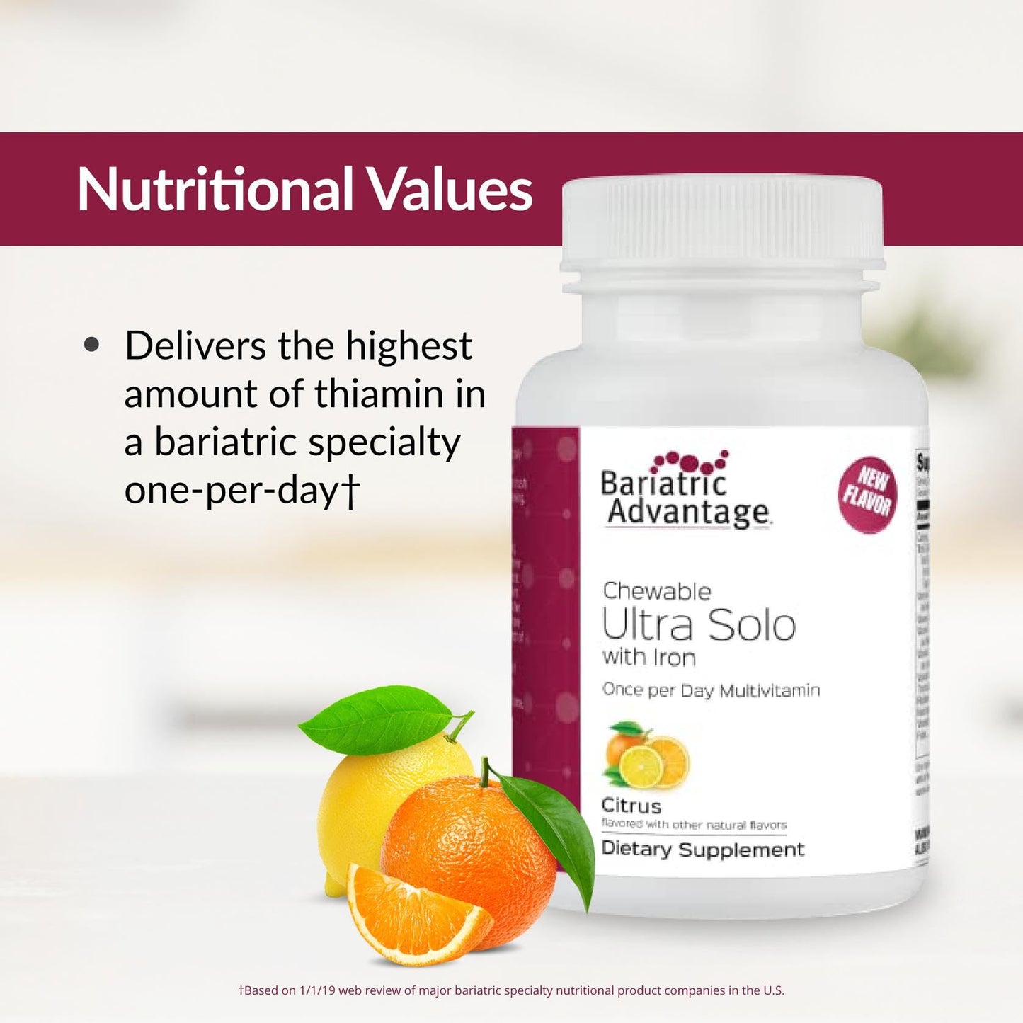 Bariatric Advantage Chewable Ultra Solo with Iron – One Daily Multivitamin (30 Tablets) – Gluten Free Citrus