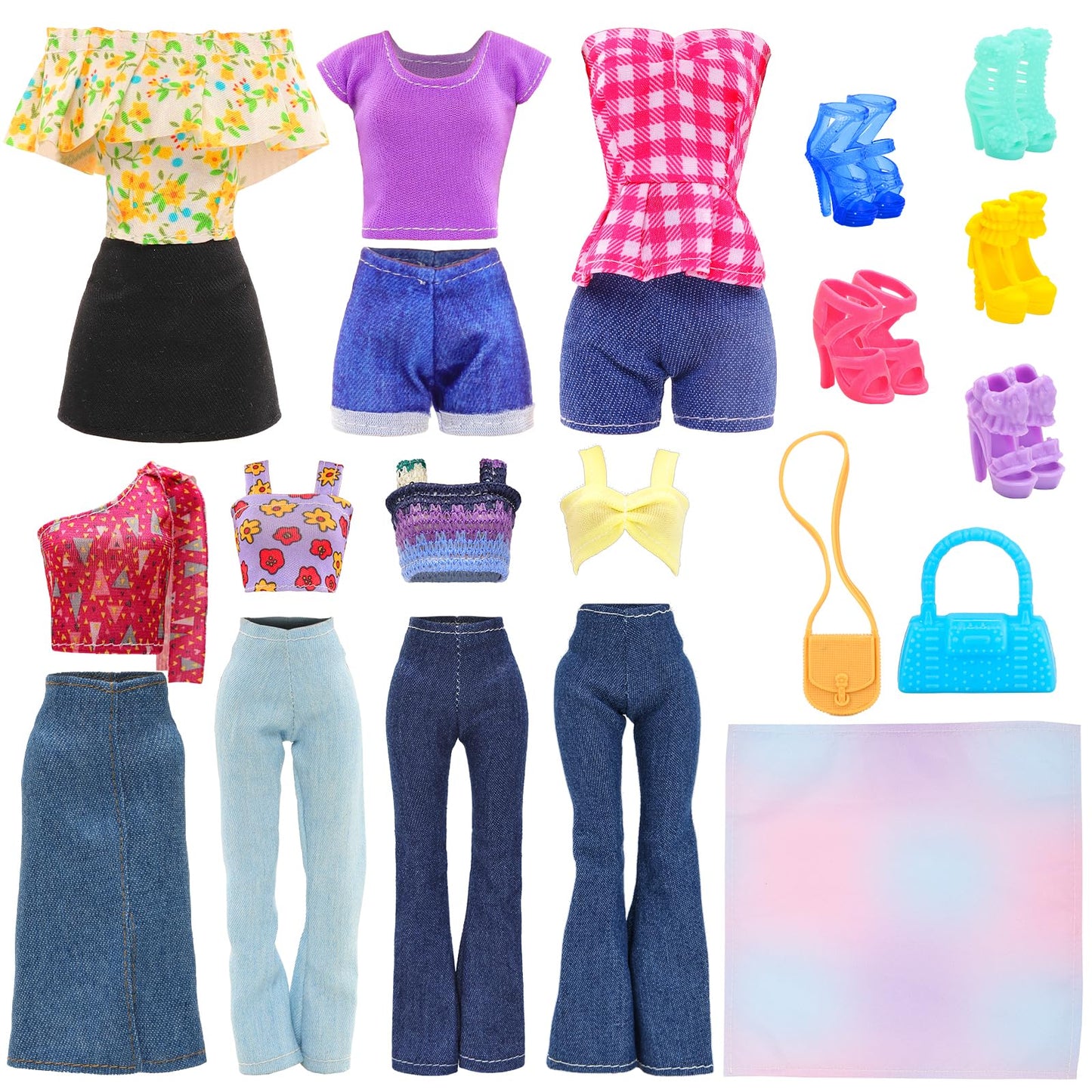 BARWA 17 Pcs Doll Clothes & Accessories for 11.5 Inch Dolls | Floral, Denim, Tops, Shoes