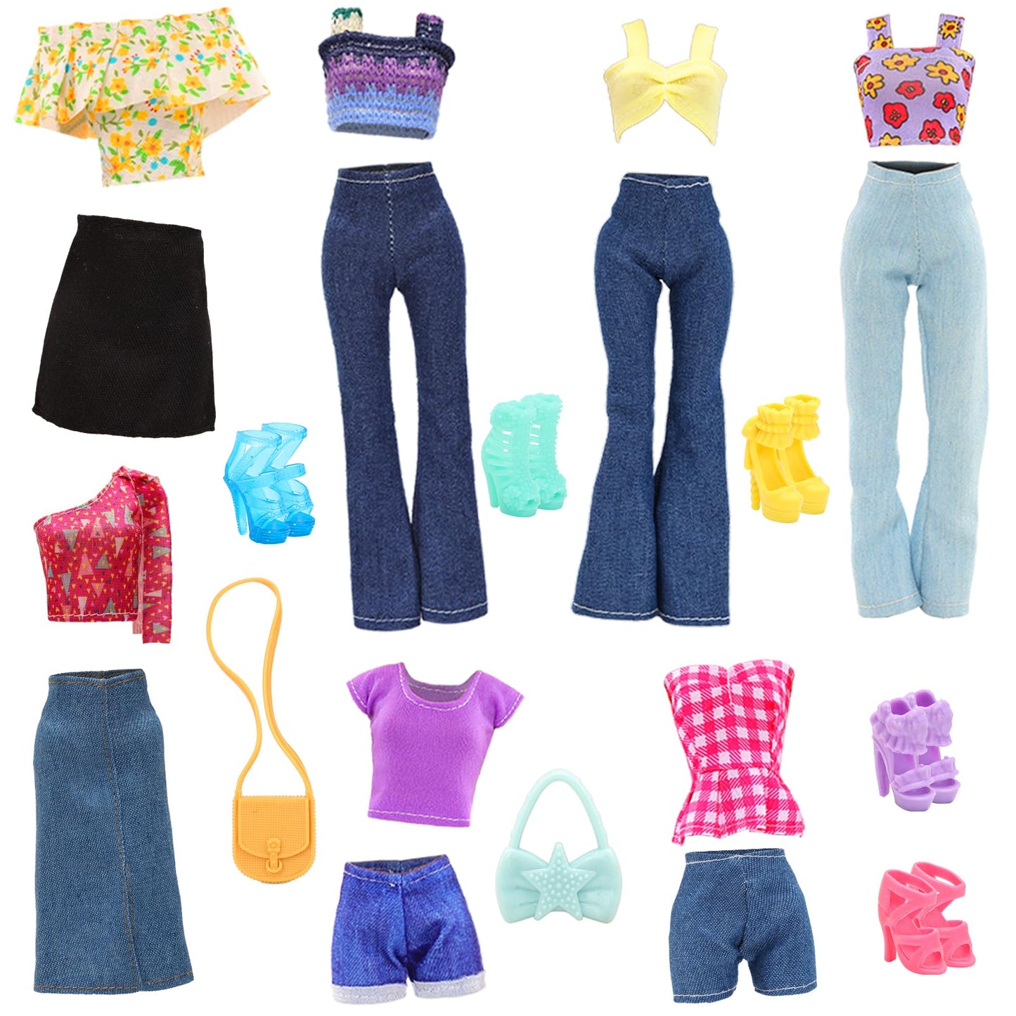 BARWA 17 Pcs Doll Clothes & Accessories for 11.5 Inch Dolls | Floral, Denim, Tops, Shoes