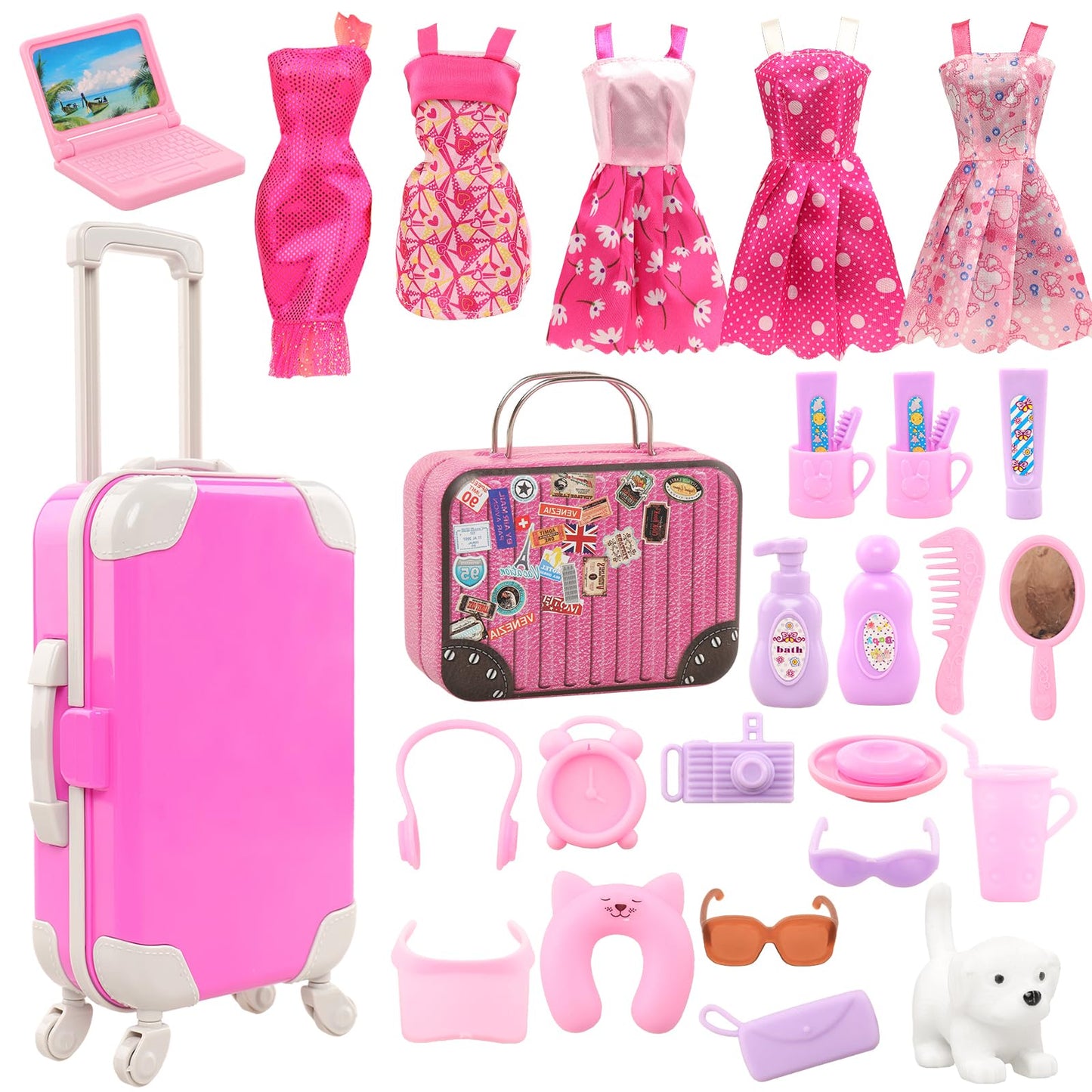 BARWA 32-Pcs Doll Travel Set for 11.5-Inch Dolls | Luggage, Outfits & Accessories
