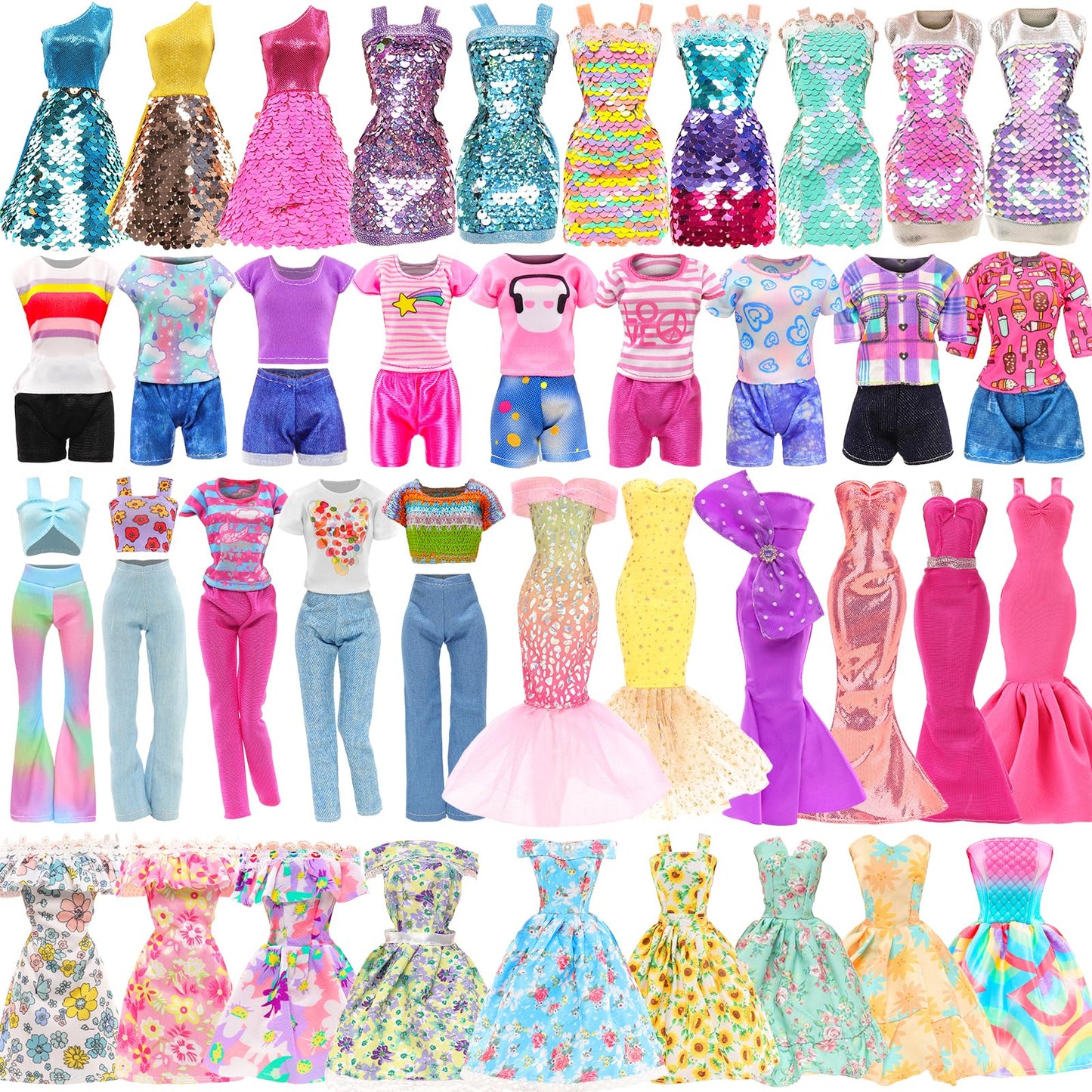 BARWA 11 Sets Doll Clothes Pack for 11.5-Inch Dolls – Sequins, Mermaid Floral & Casual Outfits