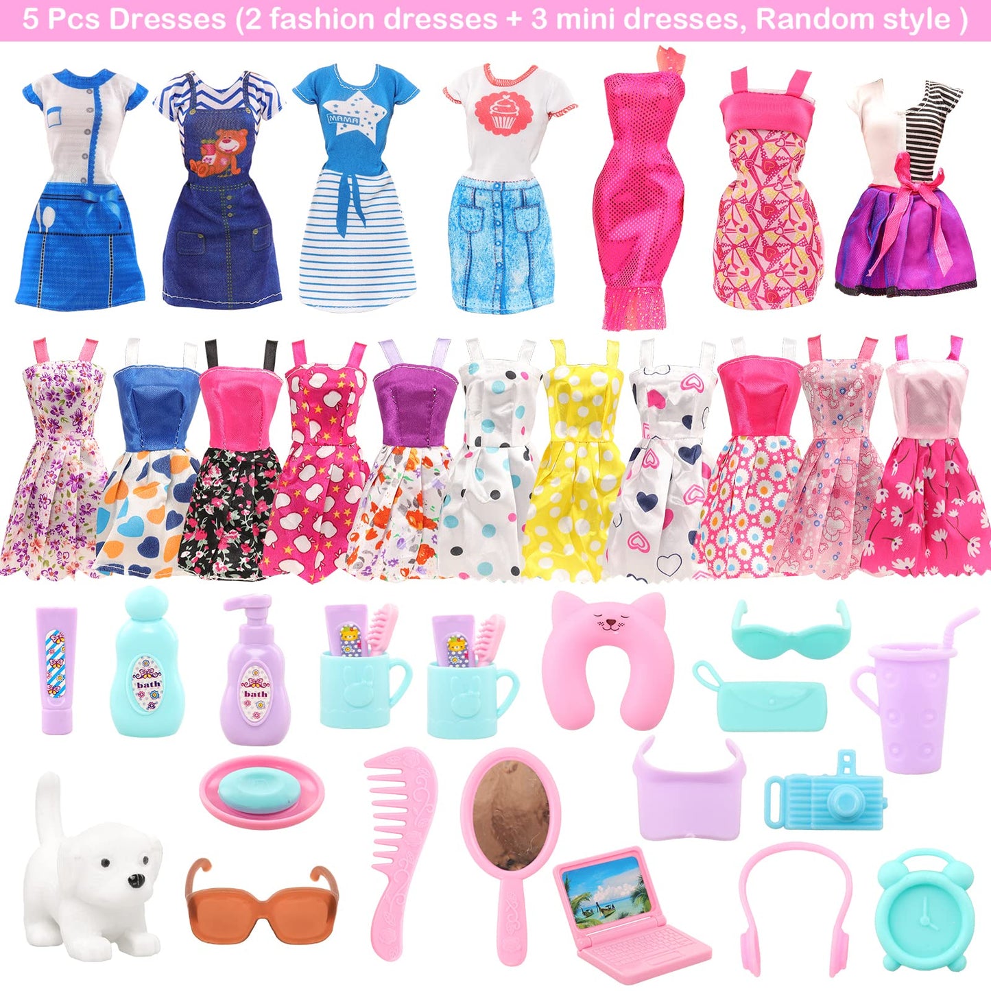 BARWA 32-Pcs Doll Travel Set for 11.5-Inch Dolls | Luggage, Outfits & Accessories