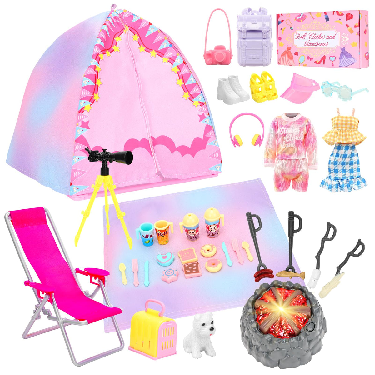 BARWA 35-Piece Travel Camping Doll Set for 11.5-Inch Dolls – Dress, Gear & Campfire Play
