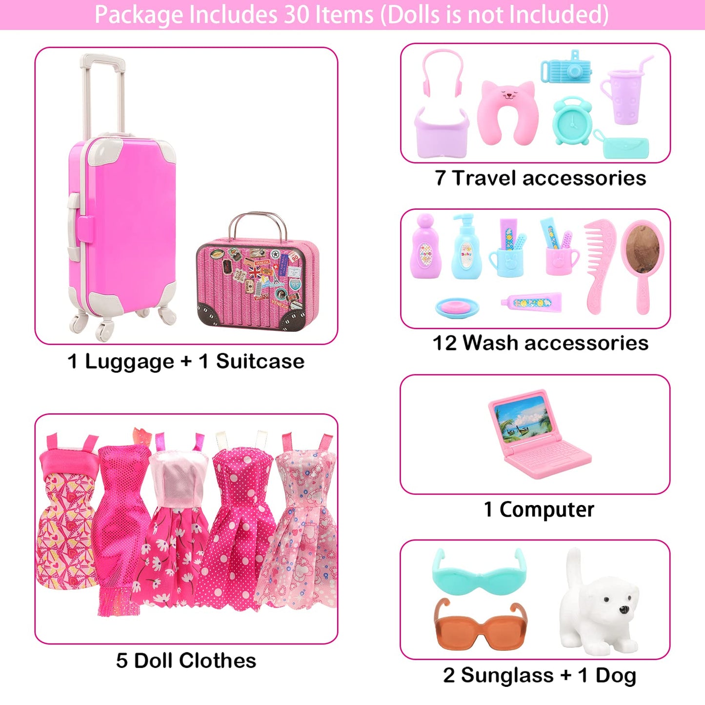 BARWA 32-Pcs Doll Travel Set for 11.5-Inch Dolls | Luggage, Outfits & Accessories