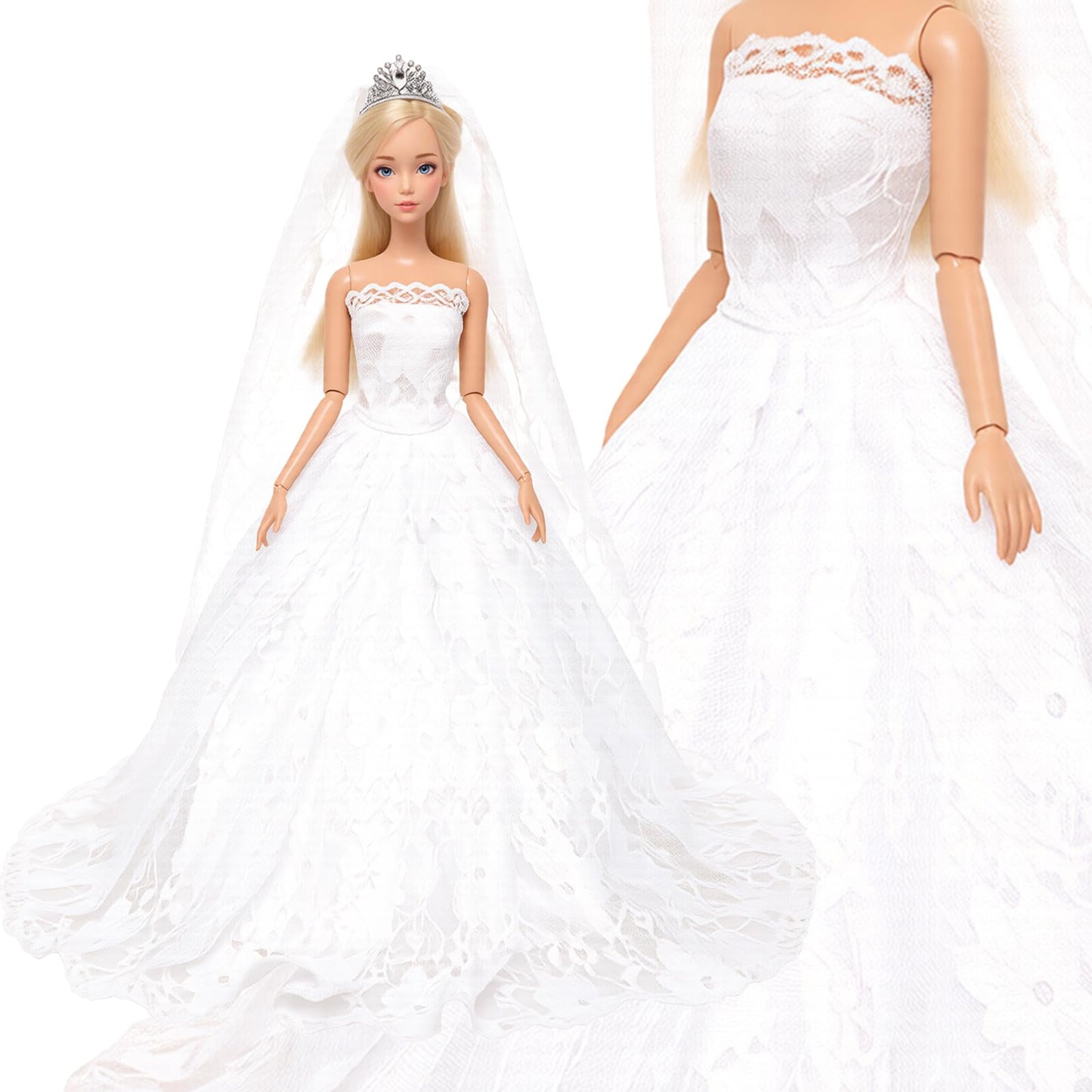 BARWA White Wedding Dress with Veil + Pink Princess Dress for 11.5-inch Dolls