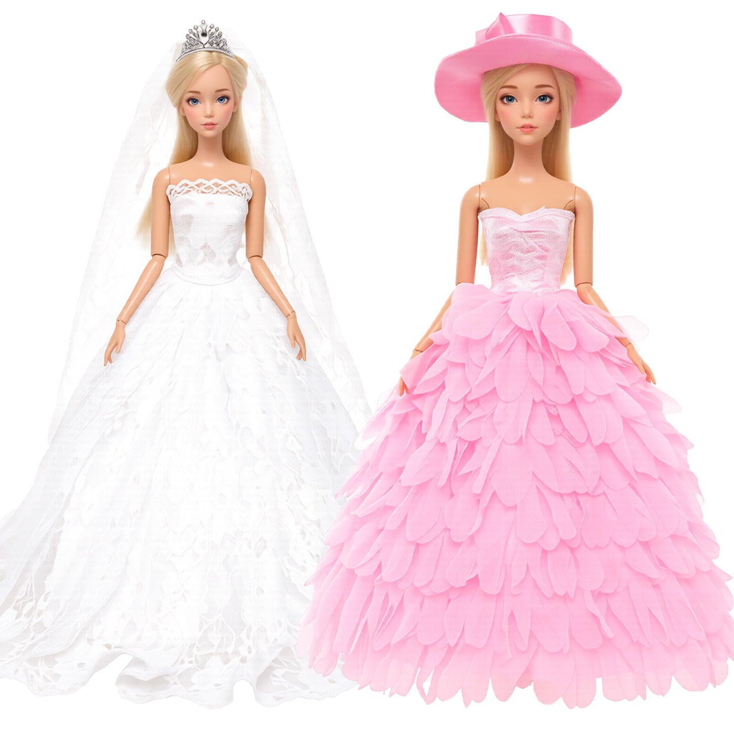 BARWA White Wedding Dress with Veil + Pink Princess Dress for 11.5-inch Dolls