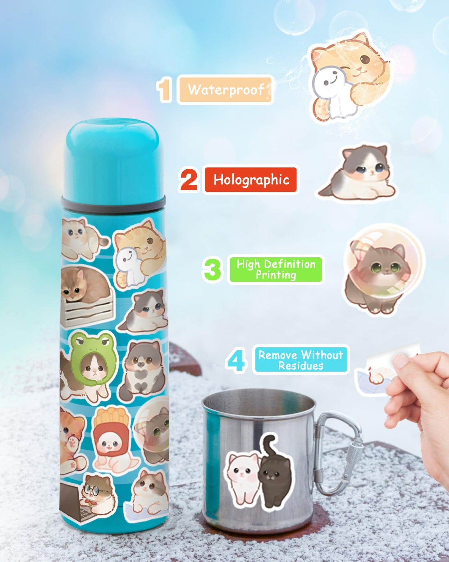 Baslaky 100 Pcs Cute Cat Stickers – Waterproof Kawaii Kitty Vinyl Decals
