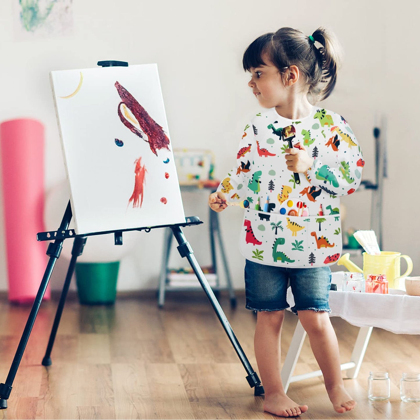 Bassion 2 Pack Kids Art Smock – Waterproof Long Sleeve Painting Aprons with 3 Pockets (Ages 2-8) White/Blue