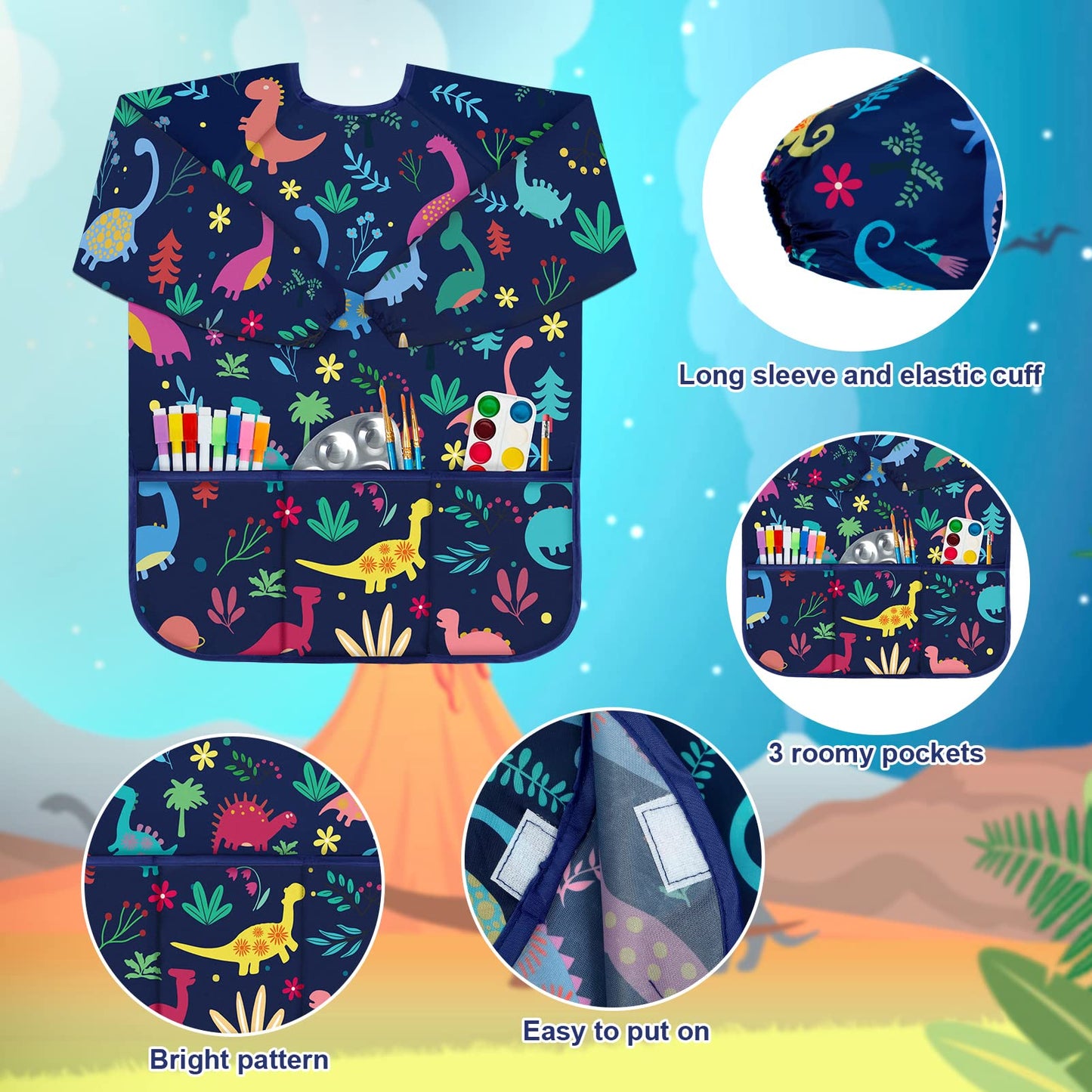 Bassion 2 Pack Kids Art Smock – Waterproof Long Sleeve Painting Aprons with 3 Pockets (Ages 2-8) White/Blue
