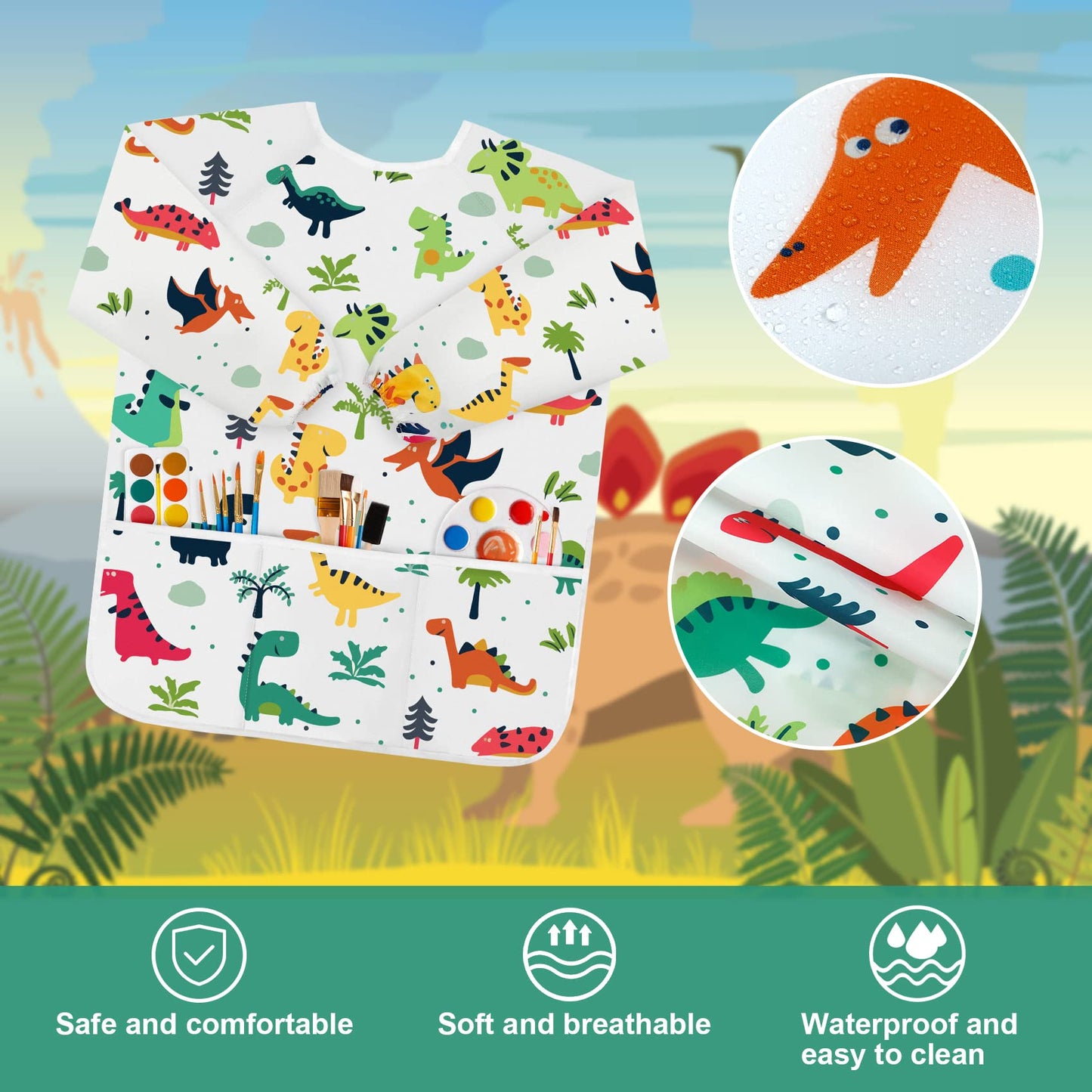 Bassion 2 Pack Kids Art Smock – Waterproof Long Sleeve Painting Aprons with 3 Pockets (Ages 2-8) White/Blue