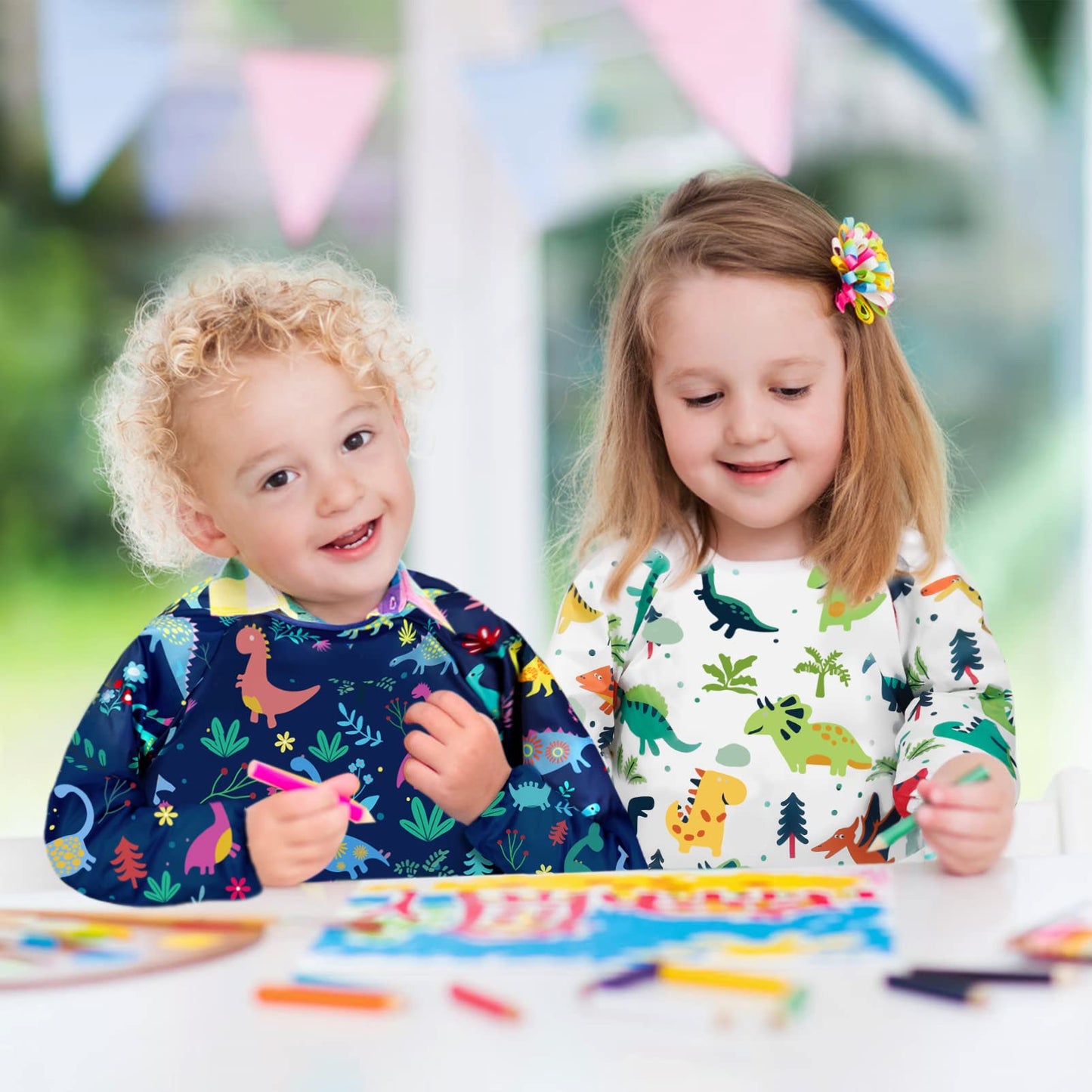 Bassion 2 Pack Kids Art Smock – Waterproof Long Sleeve Painting Aprons with 3 Pockets (Ages 2-8) White/Blue