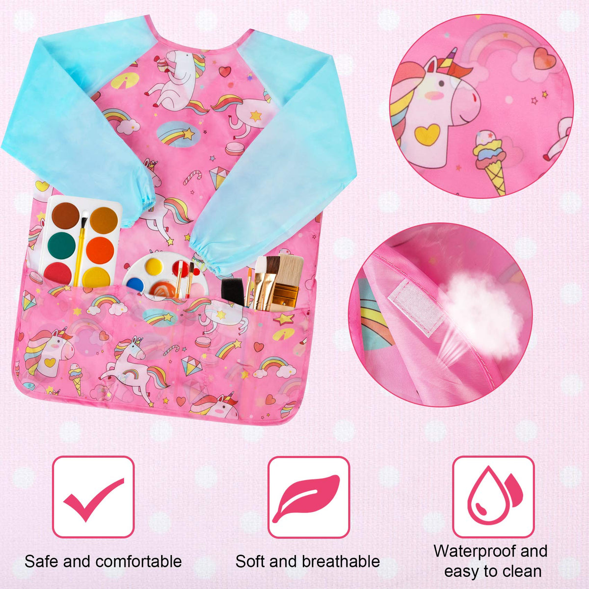 Bassion Kids Art Smock Azure Pink — Waterproof Painting Apron with Long Sleeves & 3 Pockets