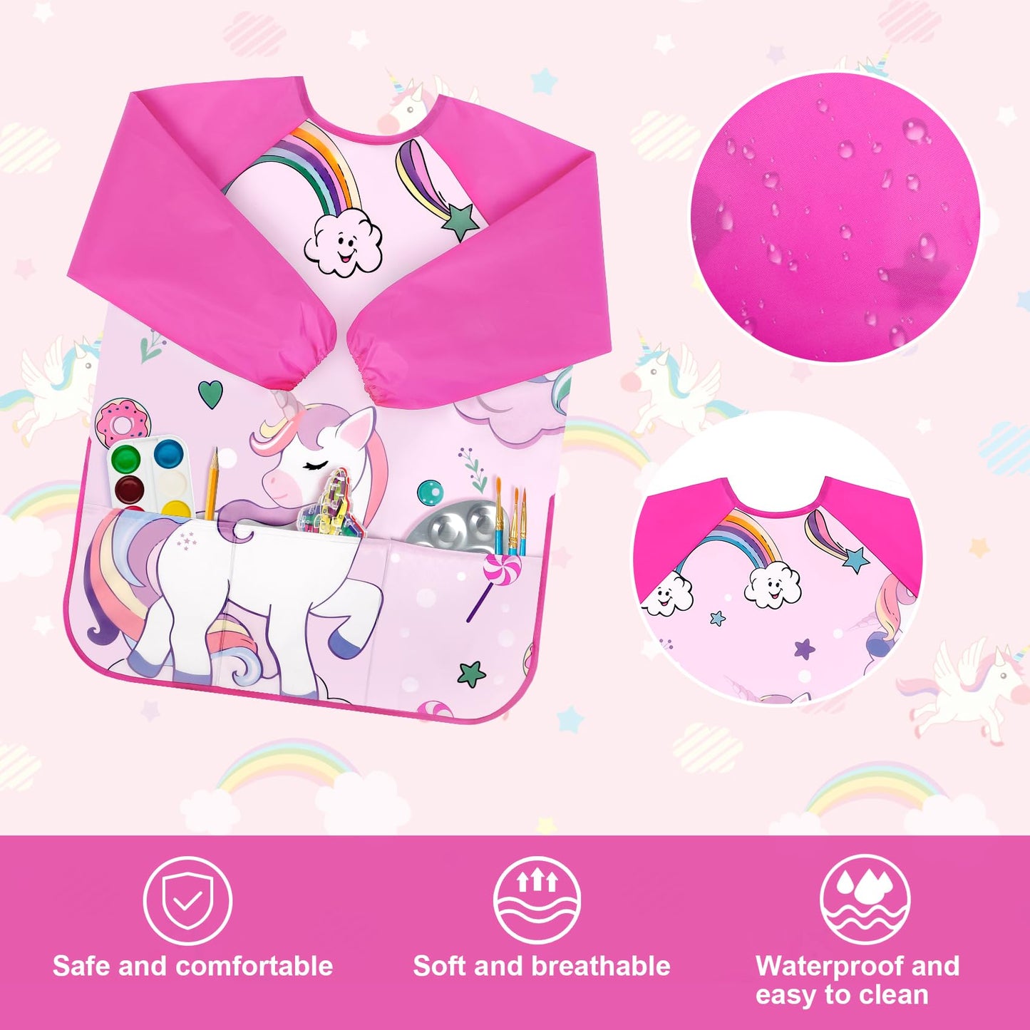Bassion Kids Art Smock Pink – Waterproof Long-Sleeve Painting Apron with 3 Pockets (Ages 2-8)
