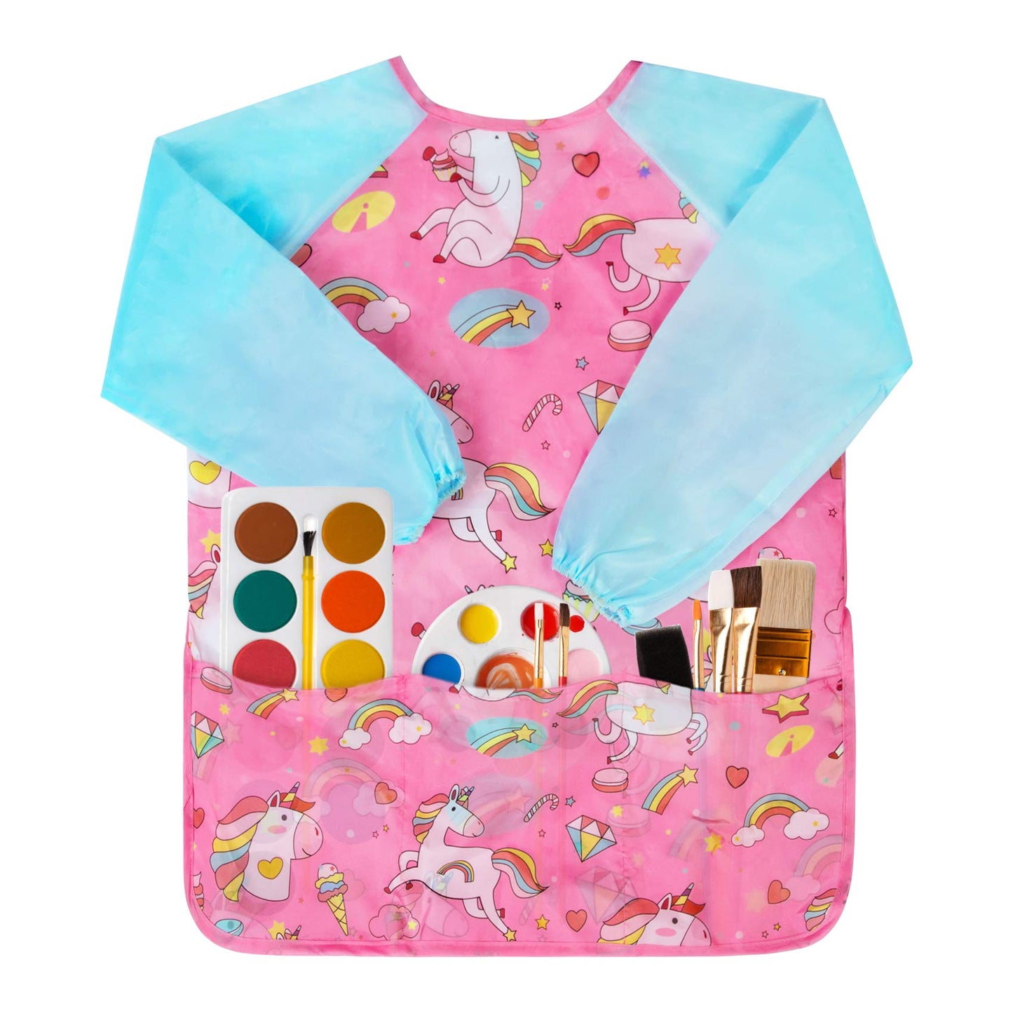 Bassion Kids Art Smock Azure Pink — Waterproof Painting Apron with Long Sleeves & 3 Pockets