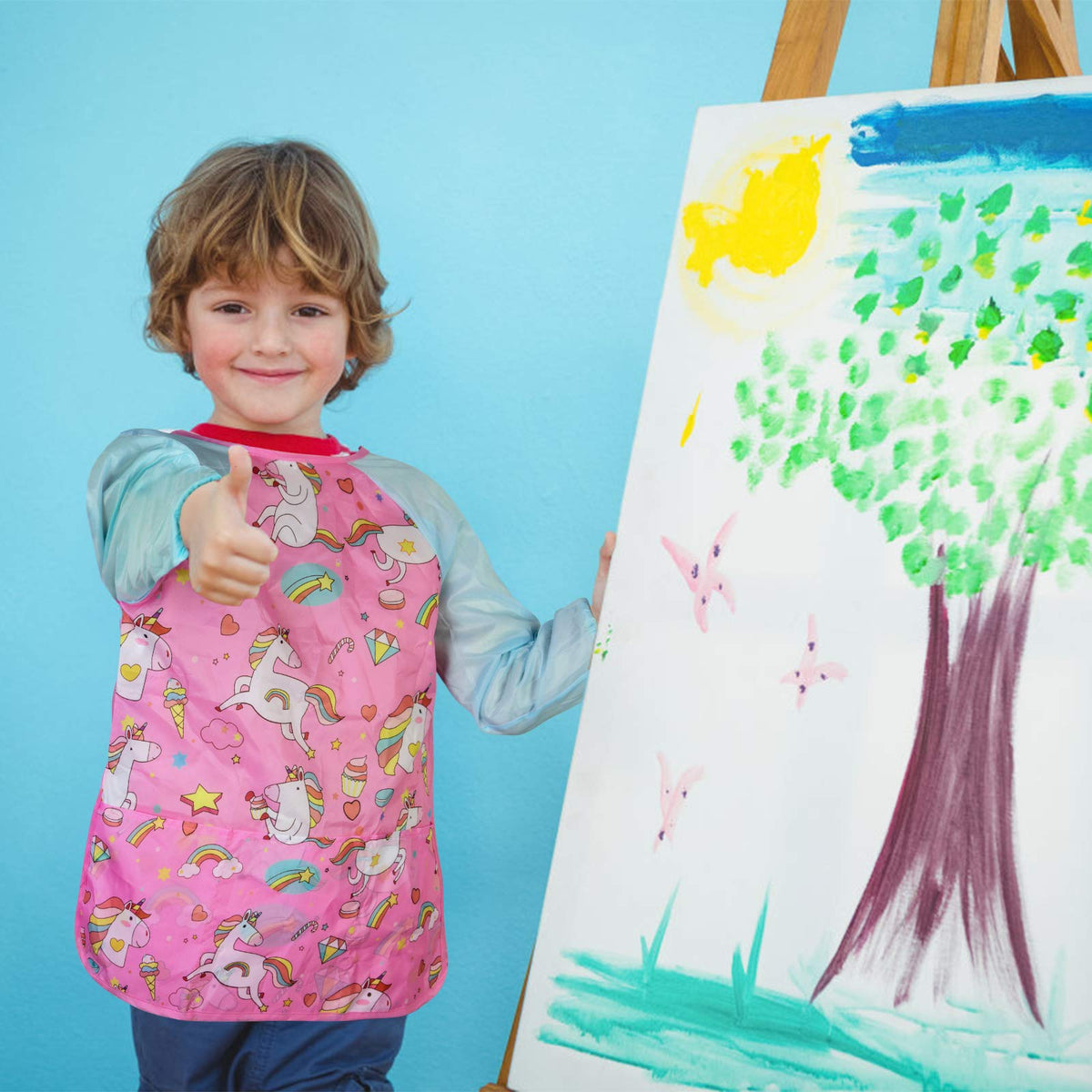 Bassion Kids Art Smock Azure Pink — Waterproof Painting Apron with Long Sleeves & 3 Pockets