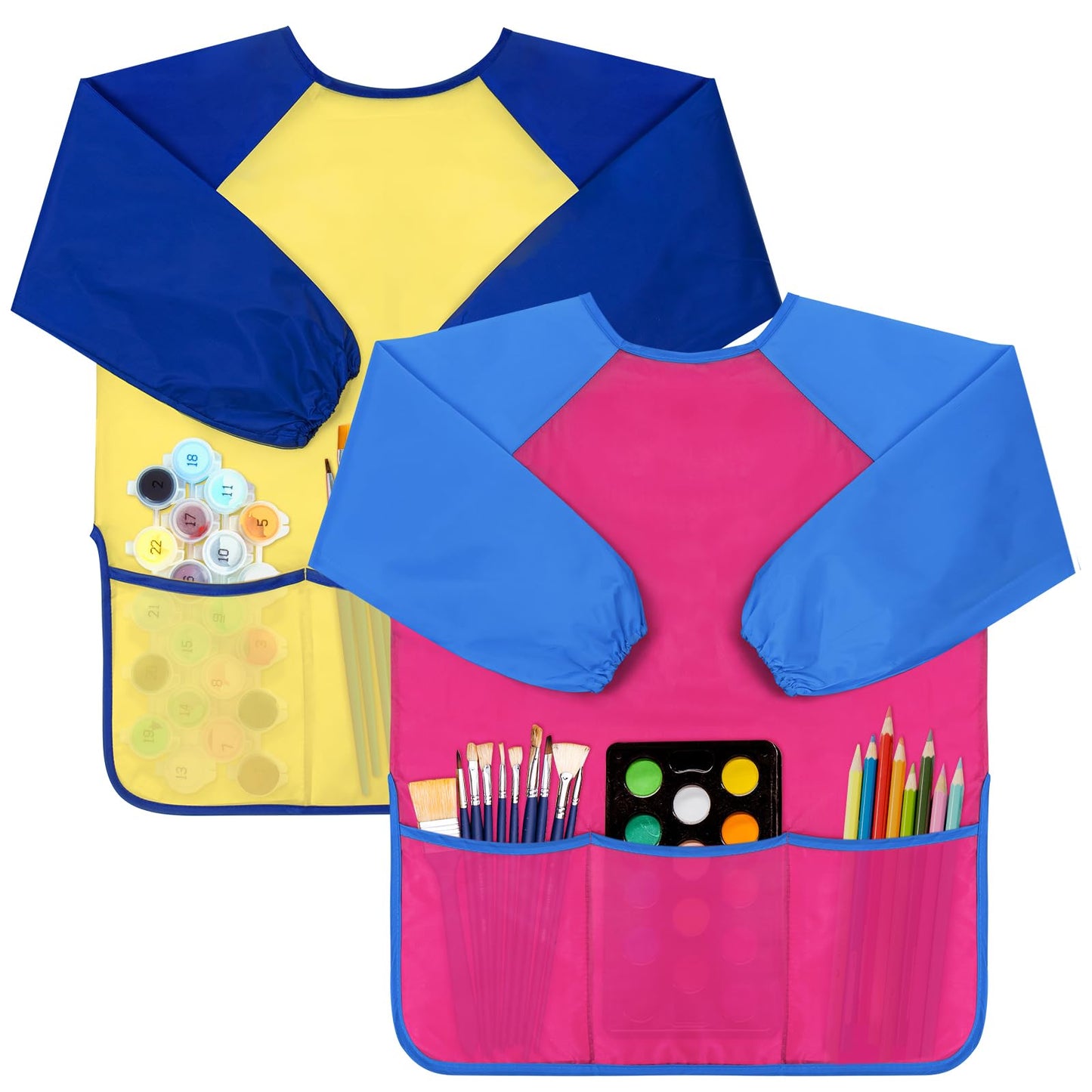 Bassion 2 Pack Kids Art Smock – Waterproof Long-Sleeve Painting Aprons with 3 Pockets (Ages 2–8)