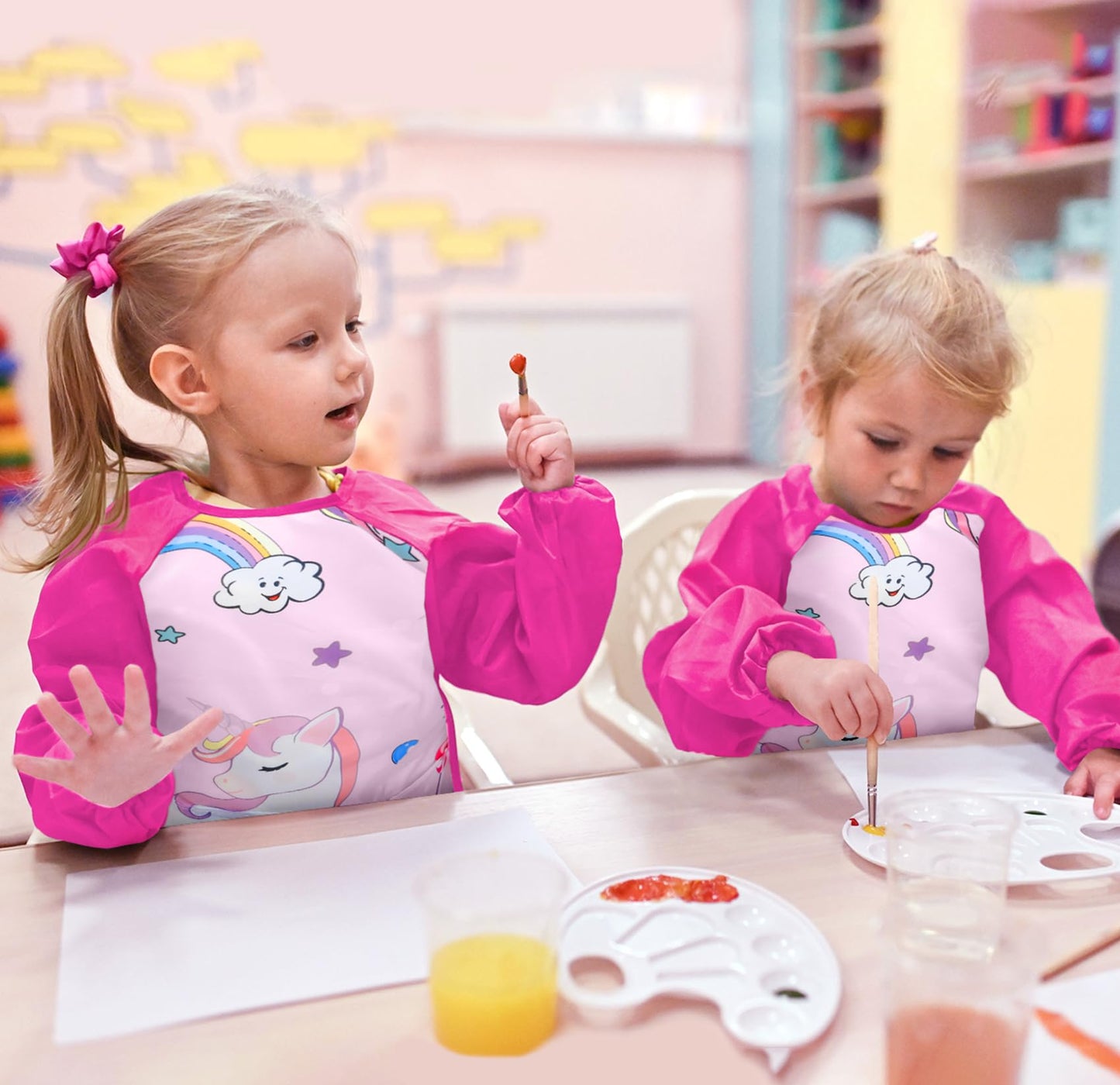 Bassion Kids Art Smock Pink – Waterproof Long-Sleeve Painting Apron with 3 Pockets (Ages 2-8)