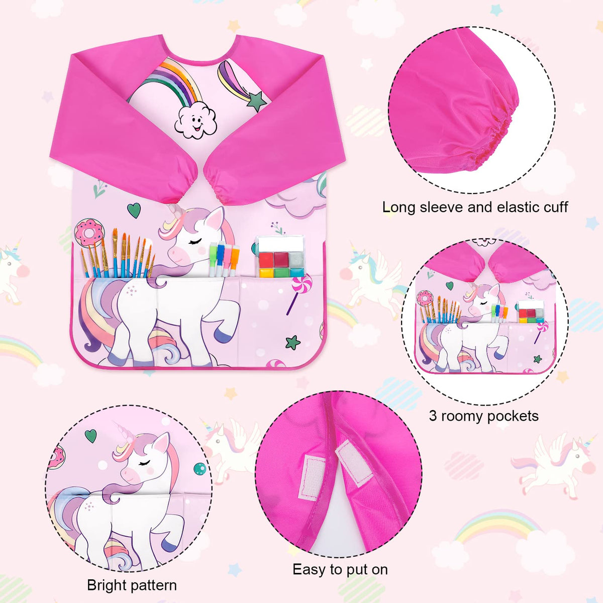 Bassion Kids Art Smock Pink – Waterproof Long-Sleeve Painting Apron with 3 Pockets (Ages 2-8)