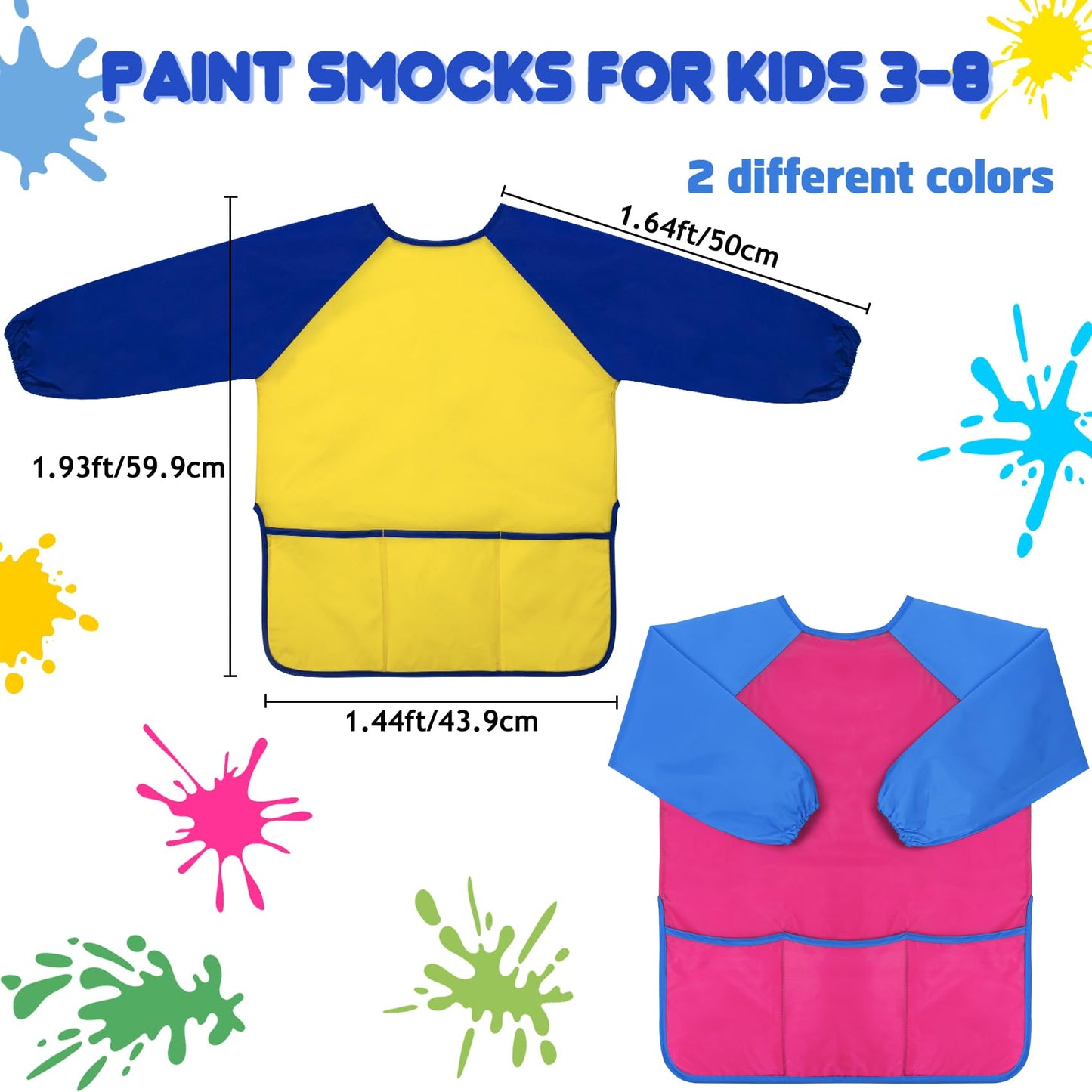 Bassion 2 Pack Kids Art Smock – Waterproof Long-Sleeve Painting Aprons with 3 Pockets (Ages 2–8)