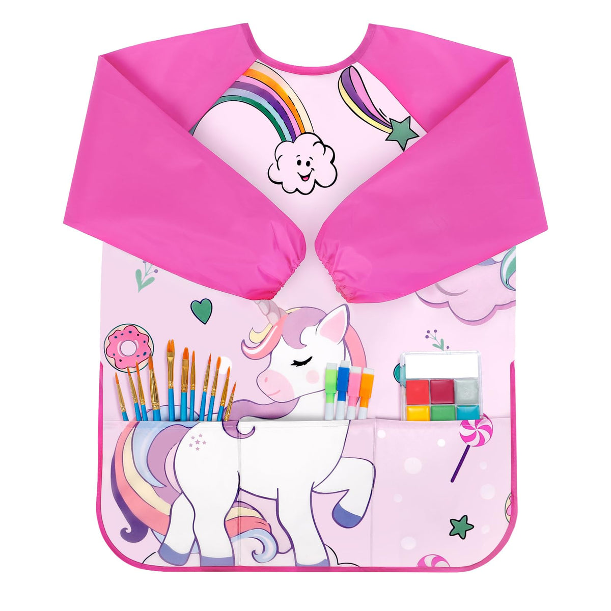 Bassion Kids Art Smock Pink – Waterproof Long-Sleeve Painting Apron with 3 Pockets (Ages 2-8)