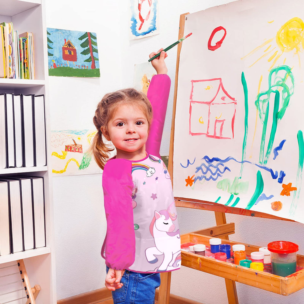 Bassion Kids Art Smock Pink – Waterproof Long-Sleeve Painting Apron with 3 Pockets (Ages 2-8)