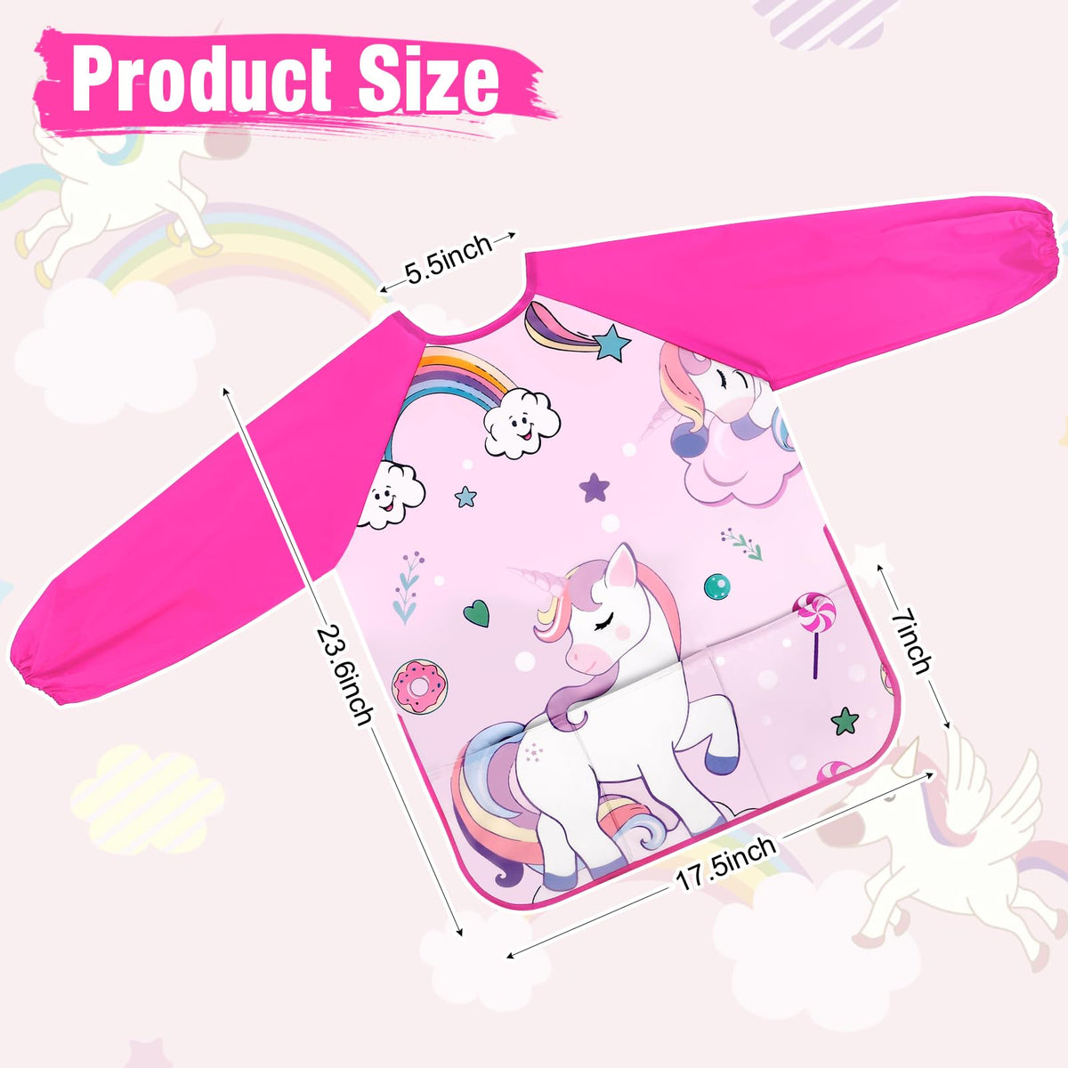 Bassion Kids Art Smock Pink – Waterproof Long-Sleeve Painting Apron with 3 Pockets (Ages 2-8)