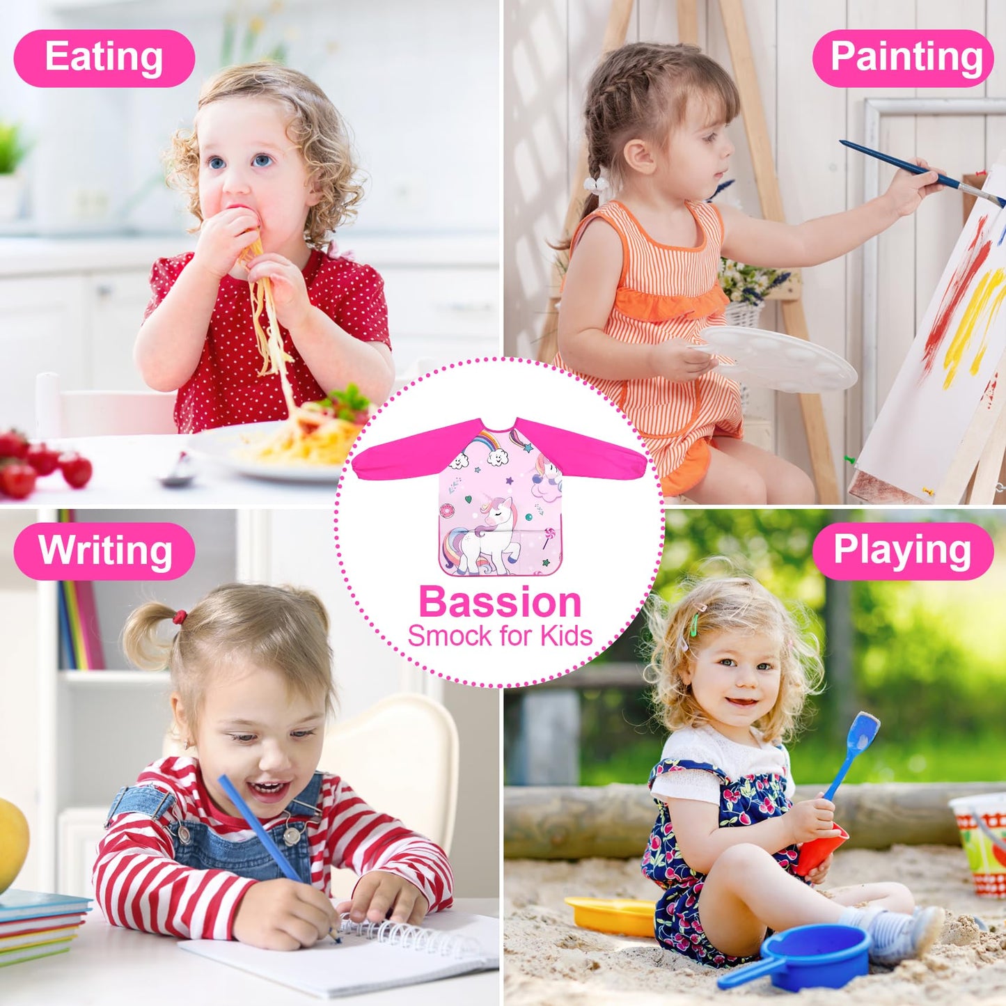 Bassion Kids Art Smock Pink – Waterproof Long-Sleeve Painting Apron with 3 Pockets (Ages 2-8)