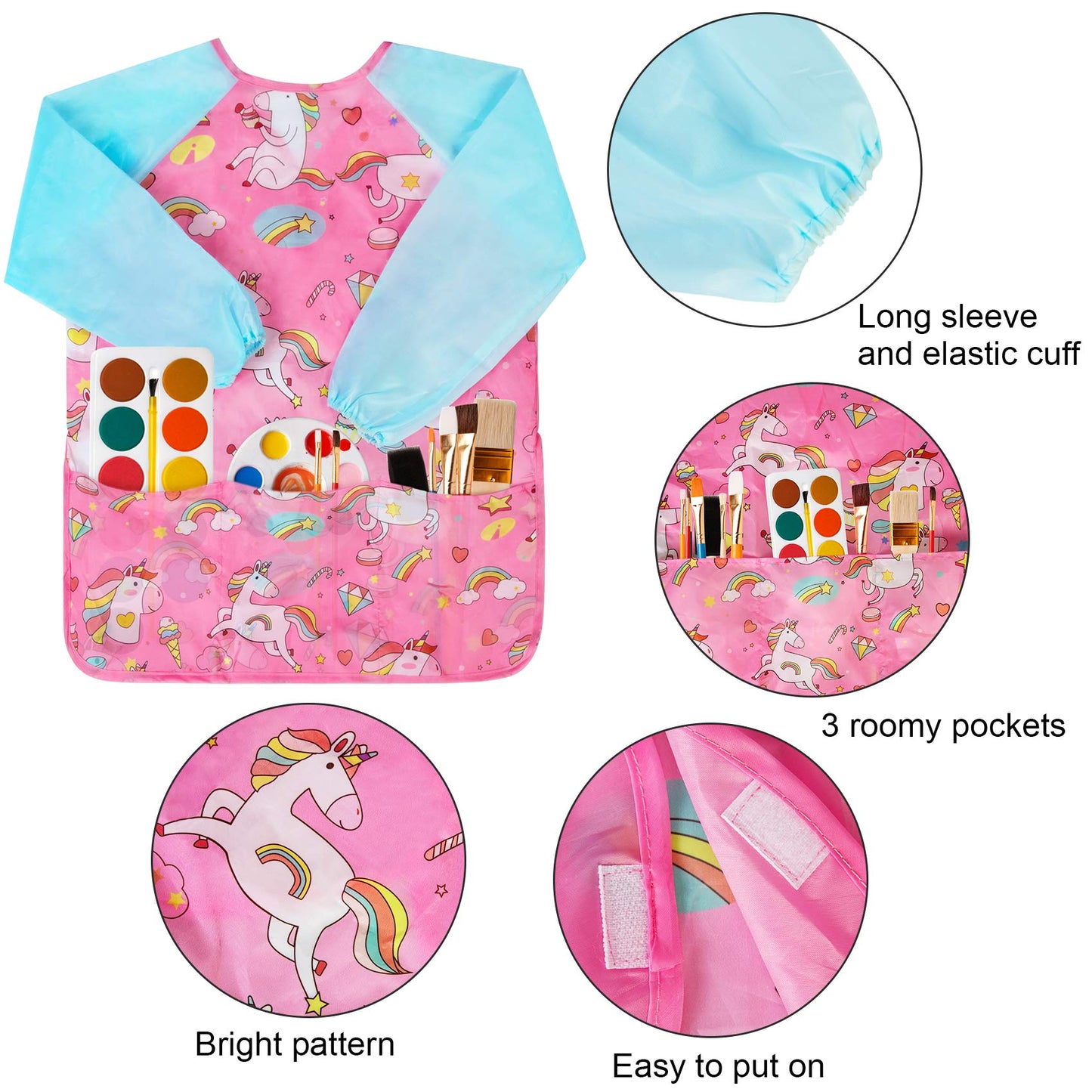 Bassion Kids Art Smock Azure Pink — Waterproof Painting Apron with Long Sleeves & 3 Pockets