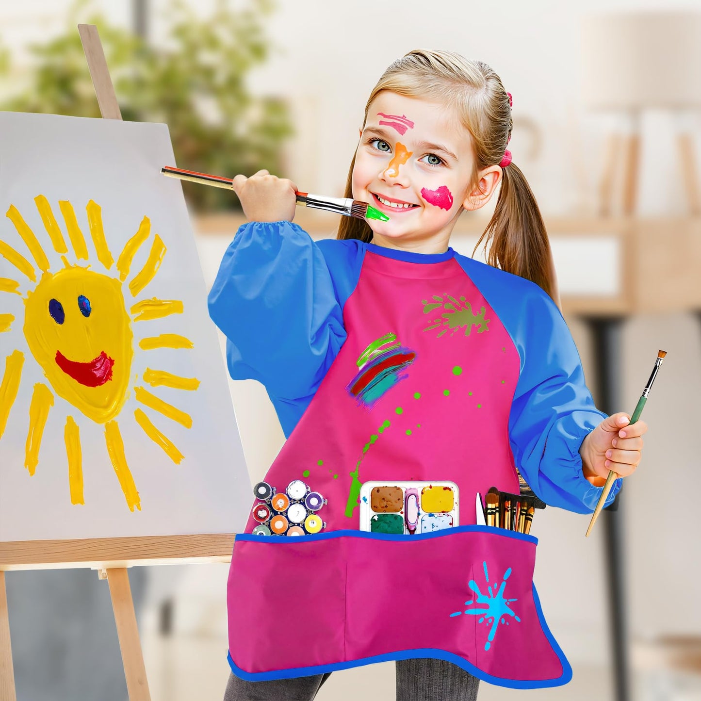 Bassion 2 Pack Kids Art Smock – Waterproof Long-Sleeve Painting Aprons with 3 Pockets (Ages 2–8)
