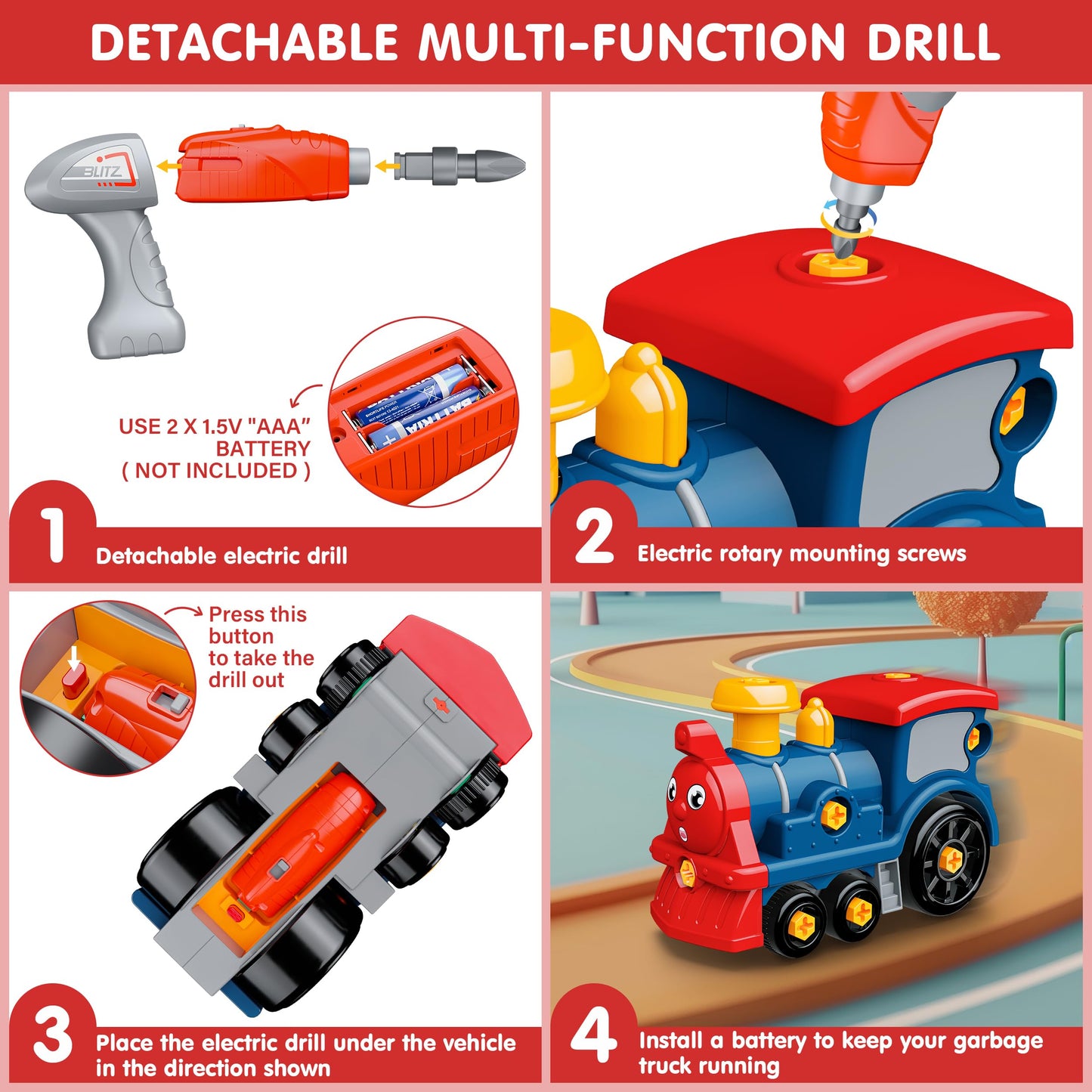 BASUN Toddler Take Apart Toy Set with Electric Drill | DIY Train Assembly & STEM Learning Toys for 3–8