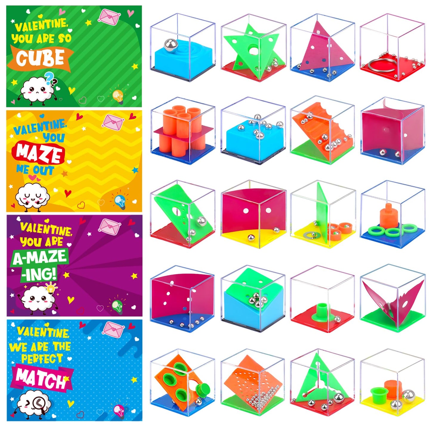 Basytodio 24 Pack Valentine Gifts for Kids Classroom – Mini 3D Puzzle Cubes, Exchange Cards & Fidget Toys Bulk