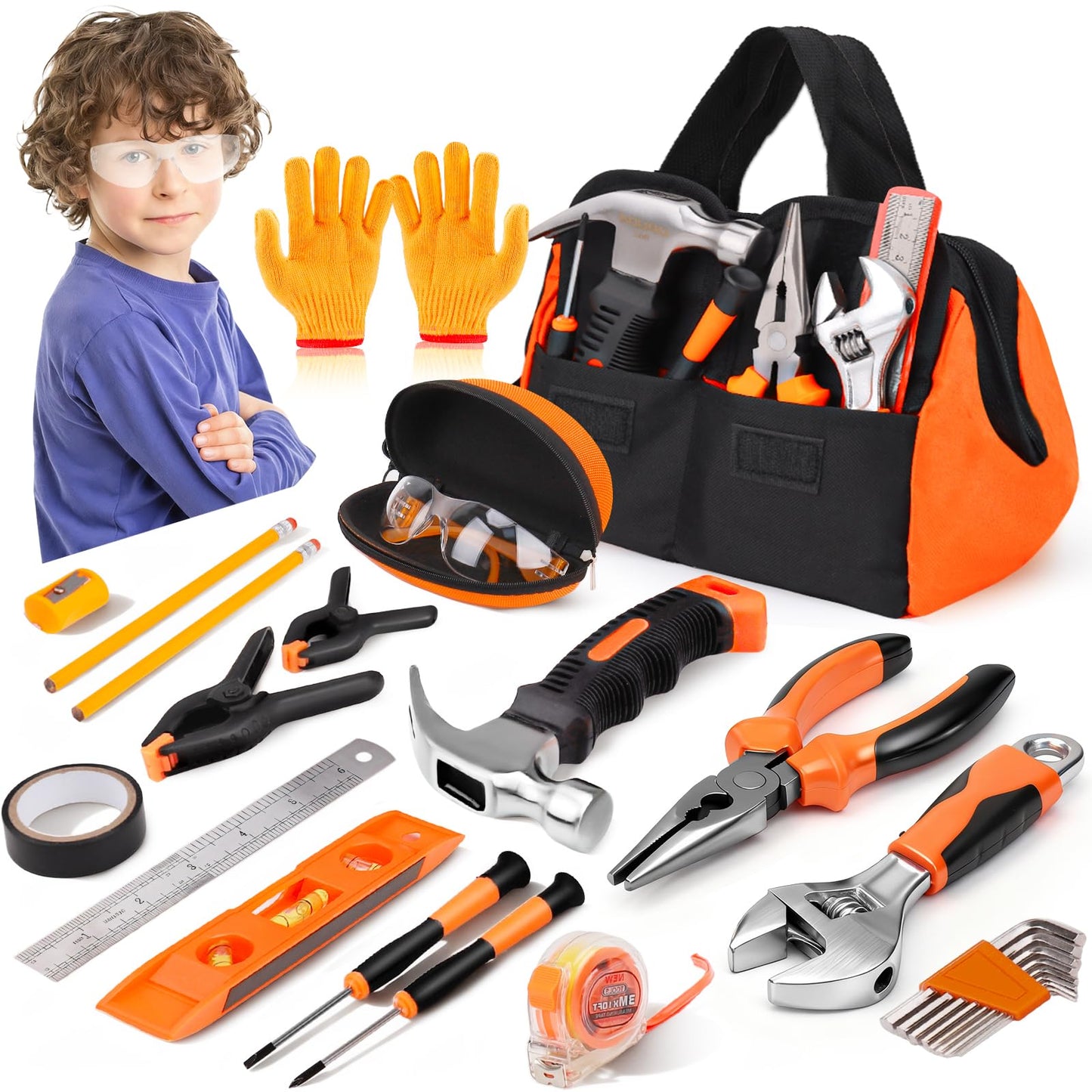Basytodio 27-Piece Orange Kids Tool Set with Storage Bag – Real Hand Tools for 6+