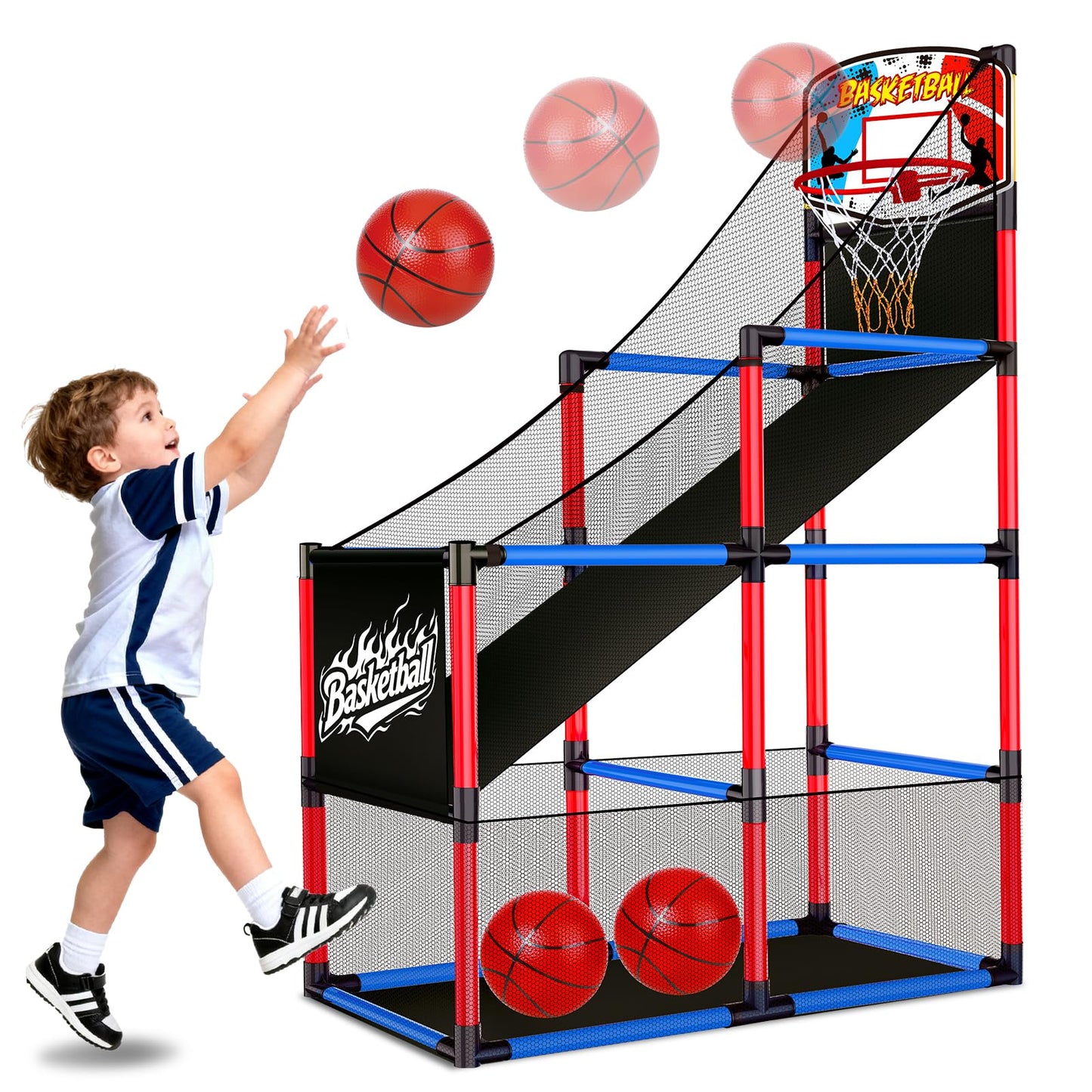 Basytodio Arcade Basketball Hoop Game Set — 3 Balls, Easy Setup, Indoor & Outdoor Play