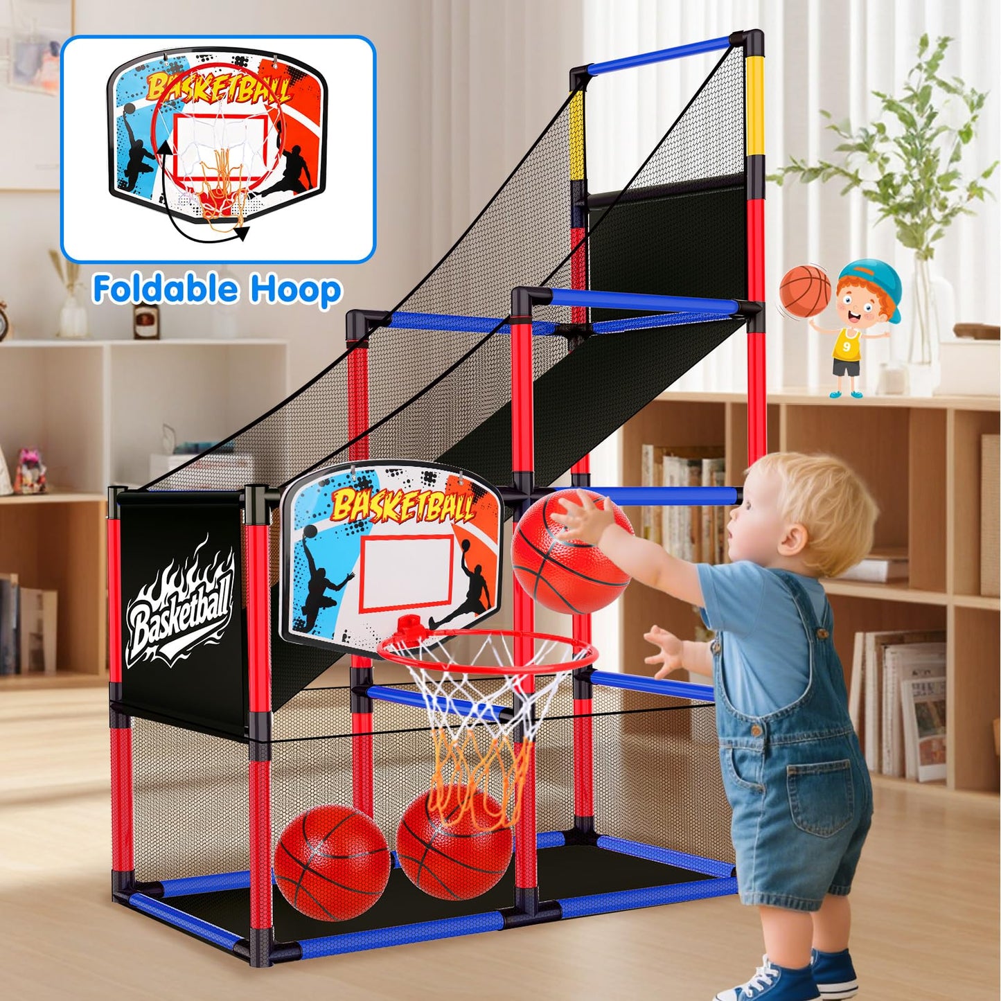 Basytodio Arcade Basketball Hoop Game Set — 3 Balls, Easy Setup, Indoor & Outdoor Play