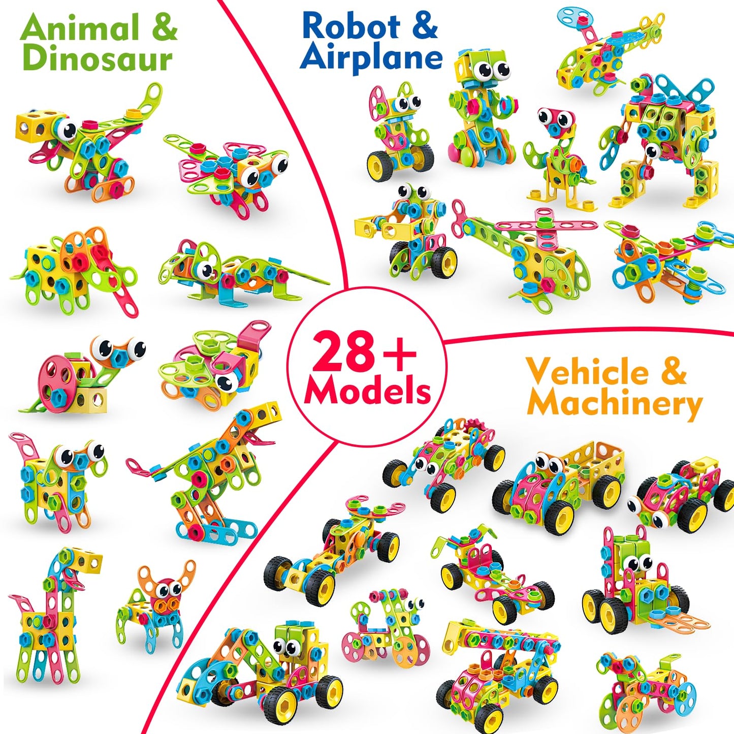 Basytodio 199Pcs STEM Building Blocks Set – 28 Models with Electric Drill for Kids 3-8