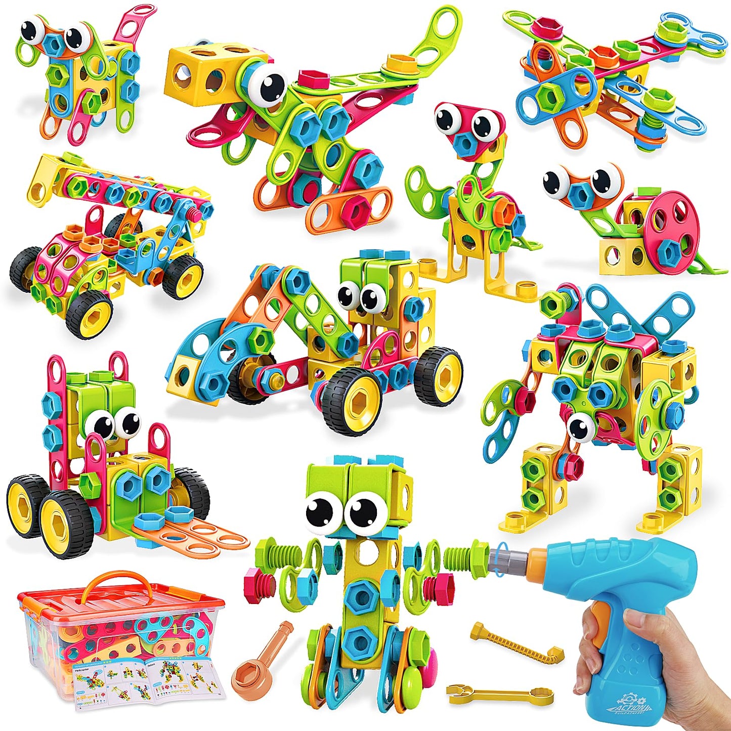 Basytodio 199Pcs STEM Building Blocks Set – 28 Models with Electric Drill for Kids 3-8