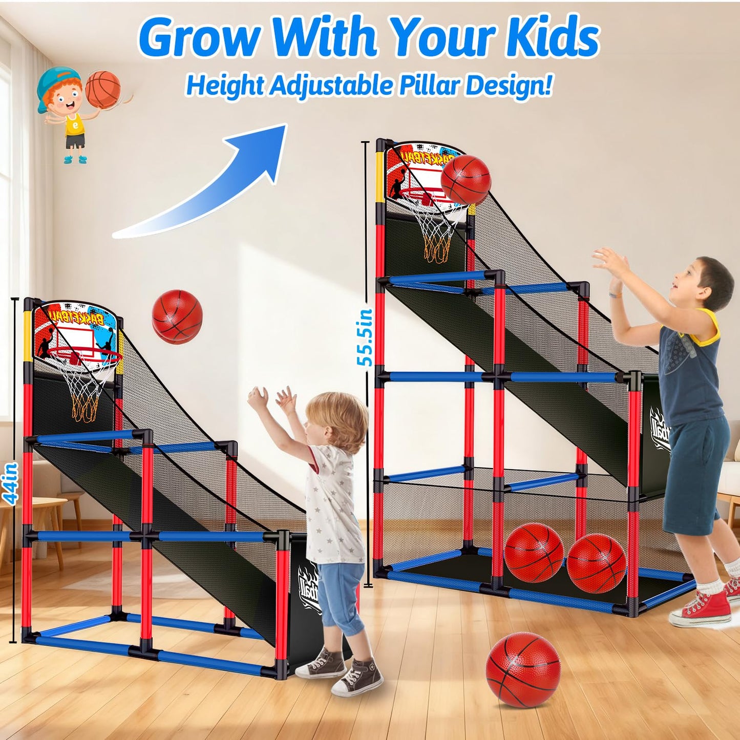 Basytodio Arcade Basketball Hoop Game Set — 3 Balls, Easy Setup, Indoor & Outdoor Play