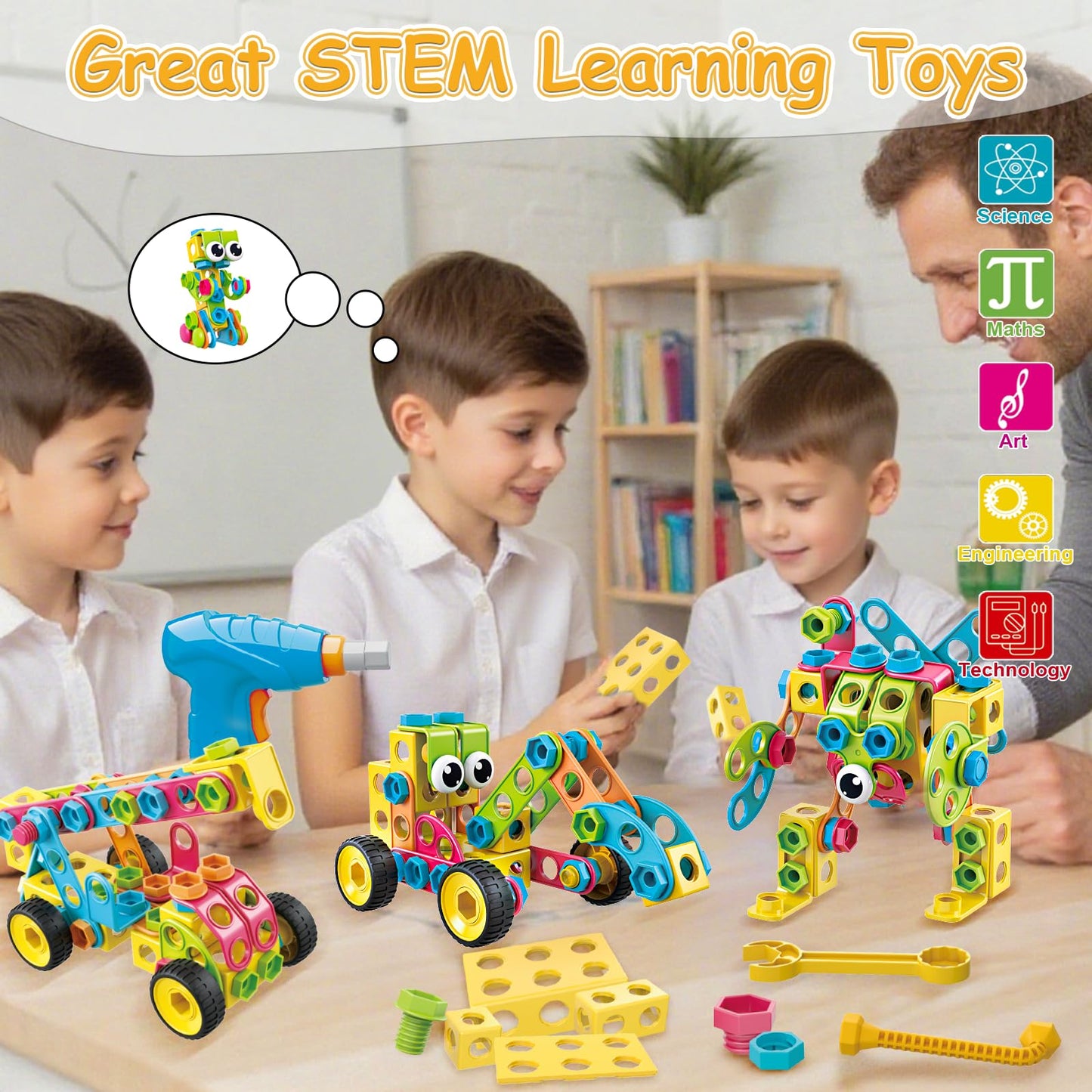 Basytodio 199Pcs STEM Building Blocks Set – 28 Models with Electric Drill for Kids 3-8
