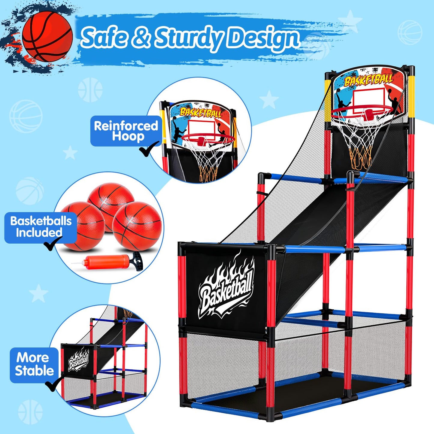 Basytodio Arcade Basketball Hoop Game Set — 3 Balls, Easy Setup, Indoor & Outdoor Play