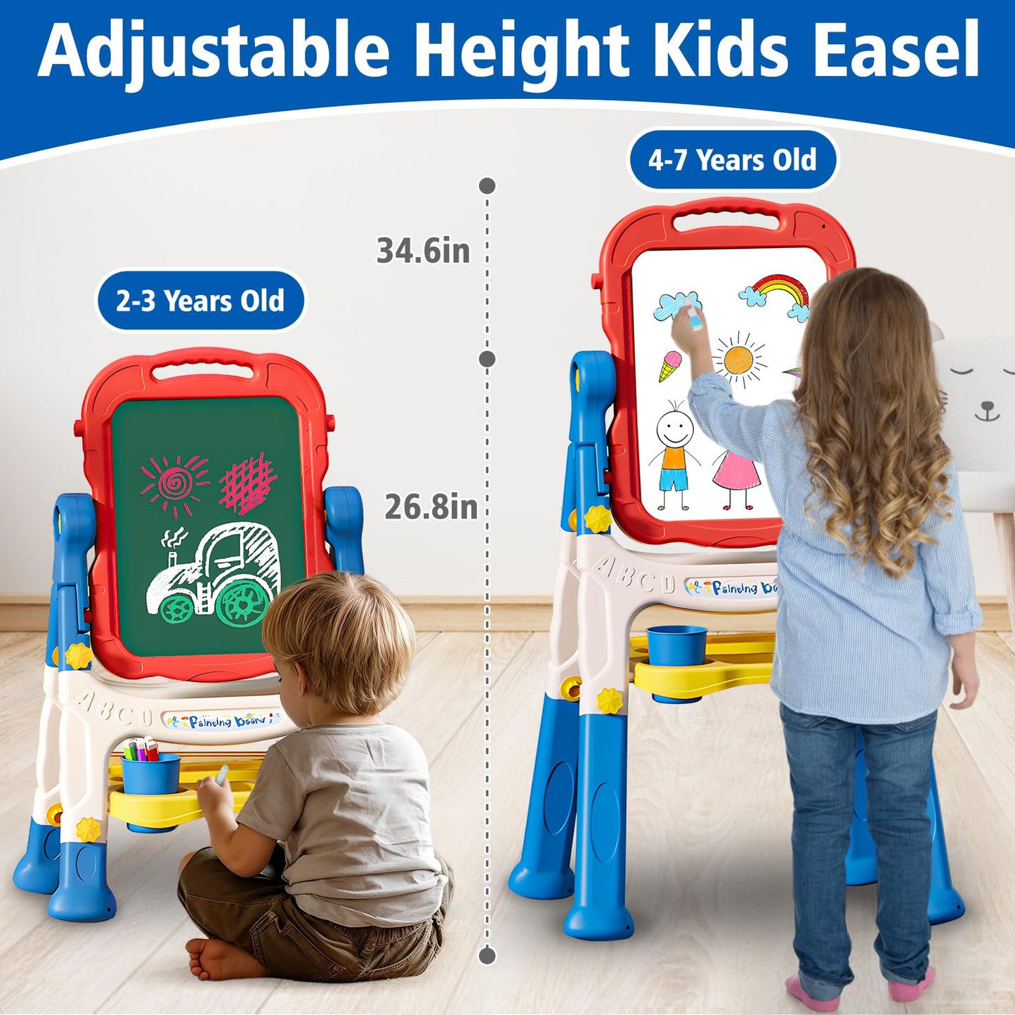 Basytodio Kids Easel for Toddlers 2-4 – Double-Sided Magnetic Chalkboard & Whiteboard, Adjustable & Portable