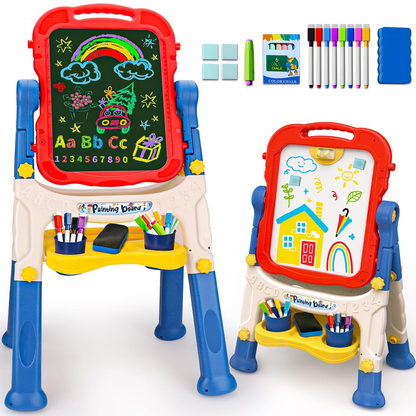 Basytodio Kids Easel for Toddlers 2-4 – Double-Sided Magnetic Chalkboard & Whiteboard, Adjustable & Portable