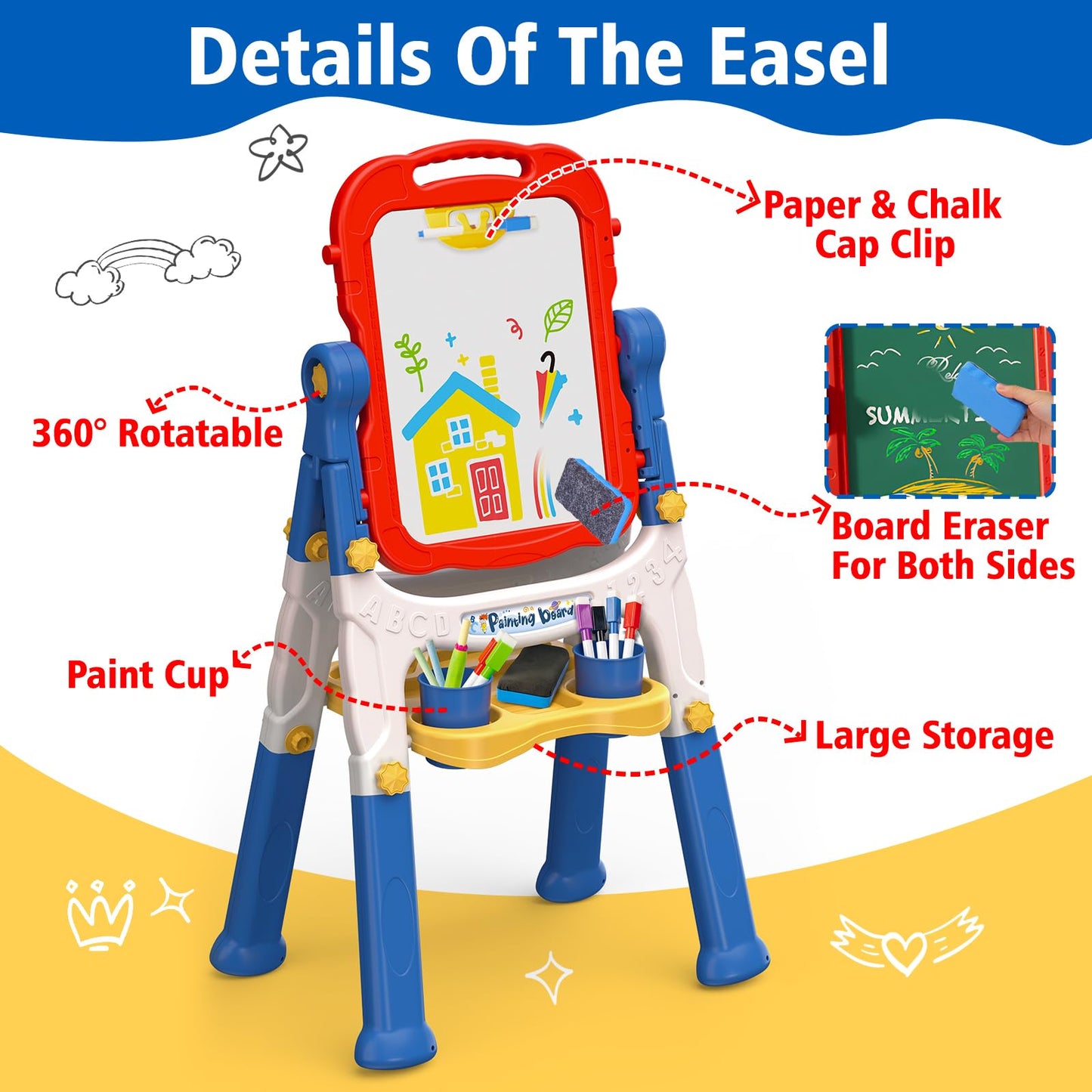Basytodio Kids Easel for Toddlers 2-4 – Double-Sided Magnetic Chalkboard & Whiteboard, Adjustable & Portable