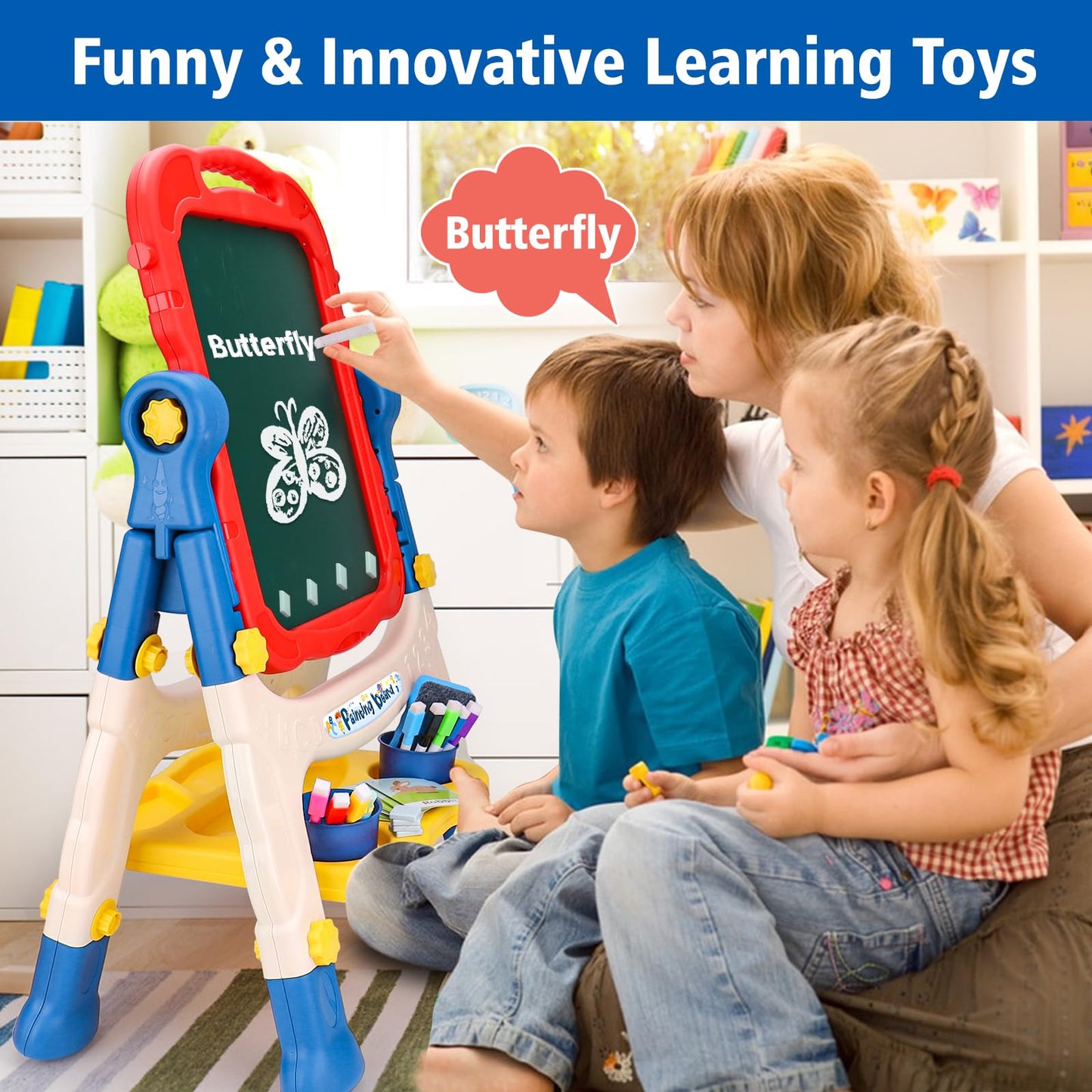 Basytodio Kids Easel for Toddlers 2-4 – Double-Sided Magnetic Chalkboard & Whiteboard, Adjustable & Portable
