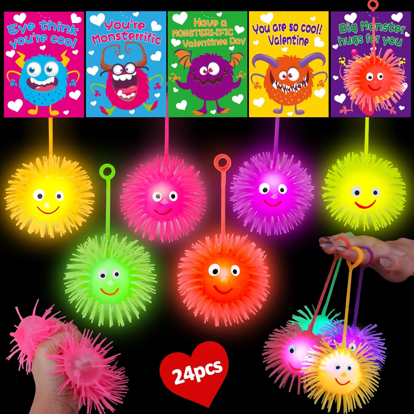 Basytodio 24 PCS LED Puffer Balls – Light Up Party Favors, Glow-in-the-Dark Bouncy Toys, Classroom Prizes