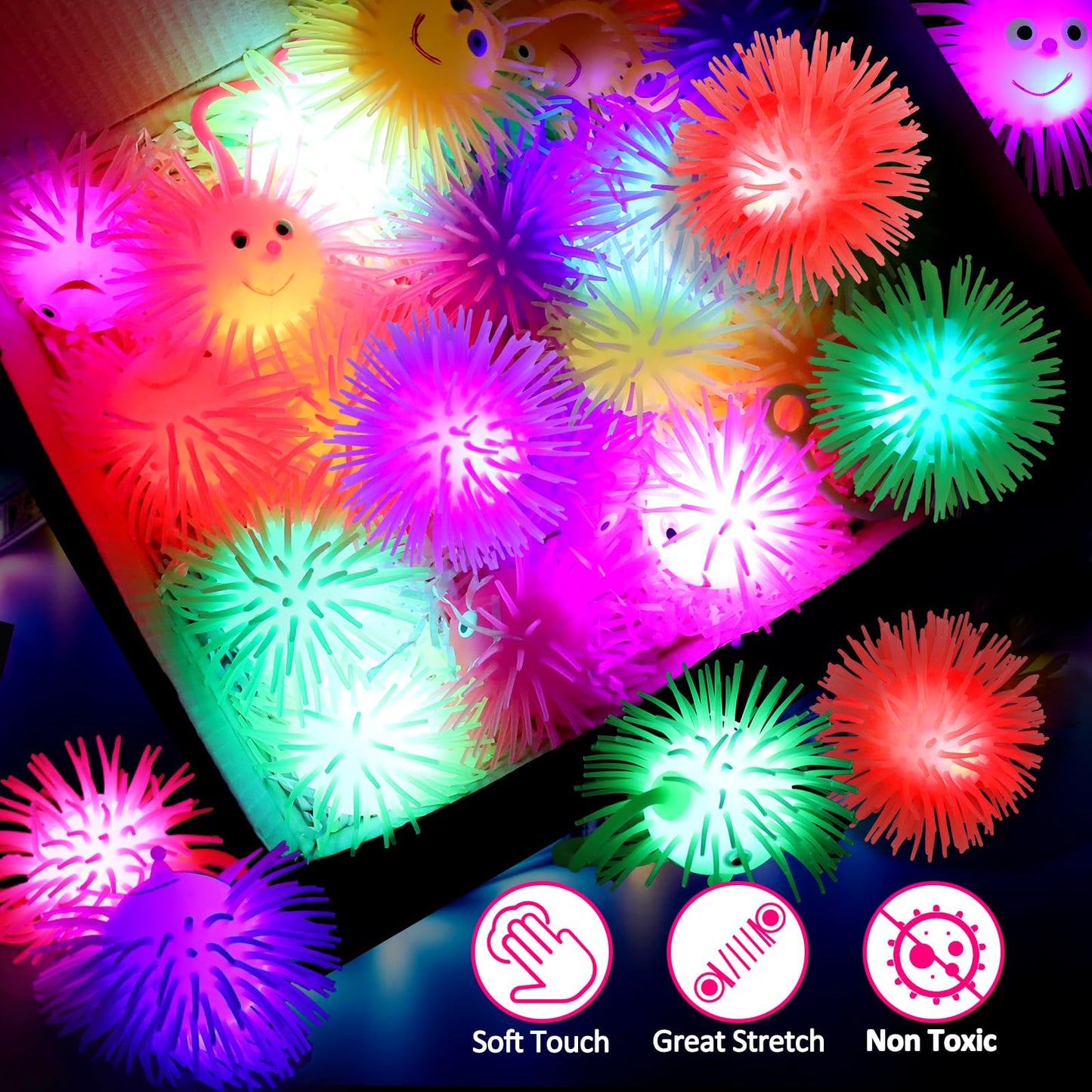 Basytodio 24 Pcs Light Up Balls – LED Party Favors for Kids (Ages 4–12) | Glow-in-the-Dark Puffer Balls Bulk