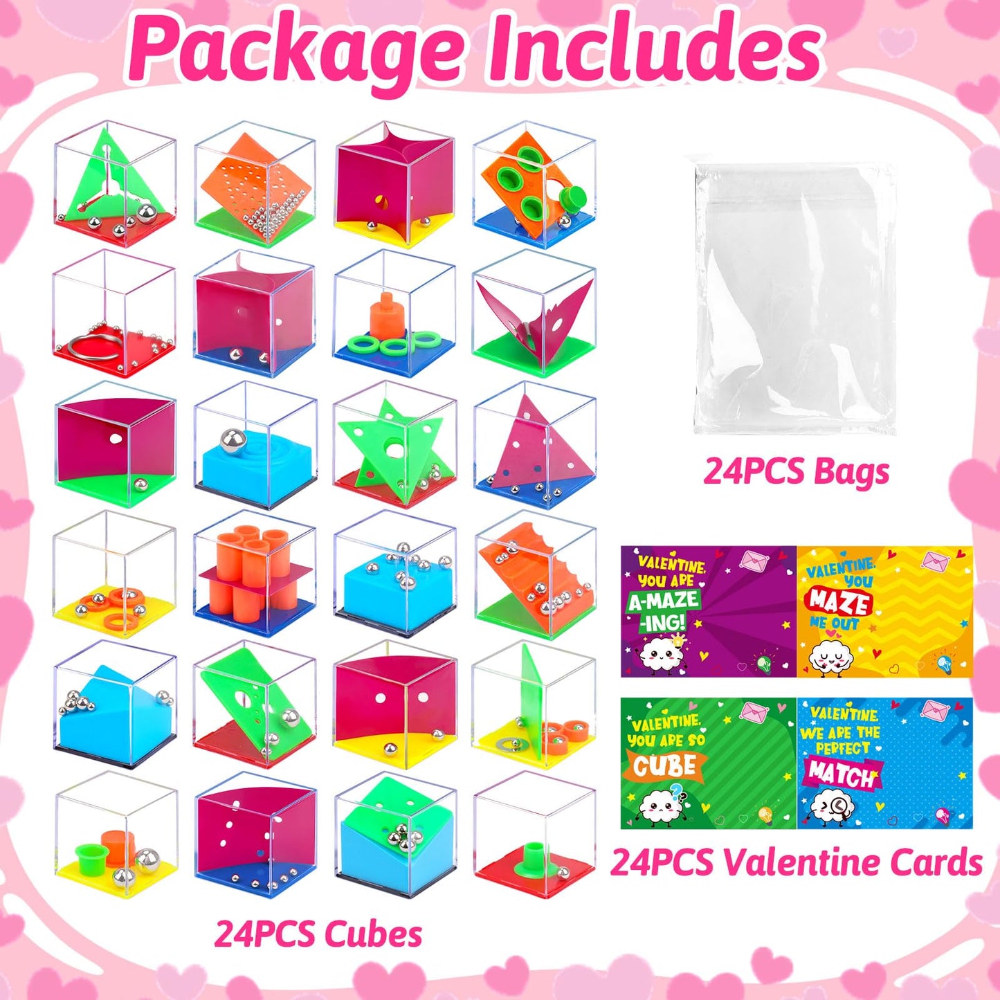 Basytodio 24 Pack Valentine Gifts for Kids Classroom – Mini 3D Puzzle Cubes, Exchange Cards & Fidget Toys Bulk