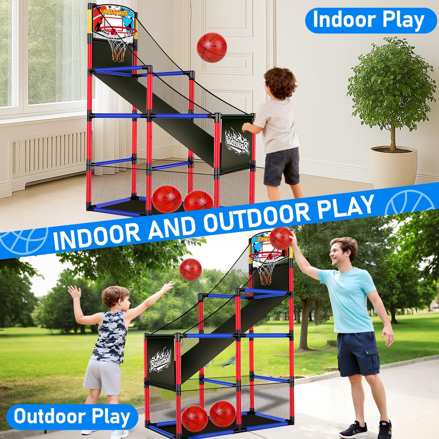 Basytodio Arcade Basketball Hoop Game Set — 3 Balls, Easy Setup, Indoor & Outdoor Play